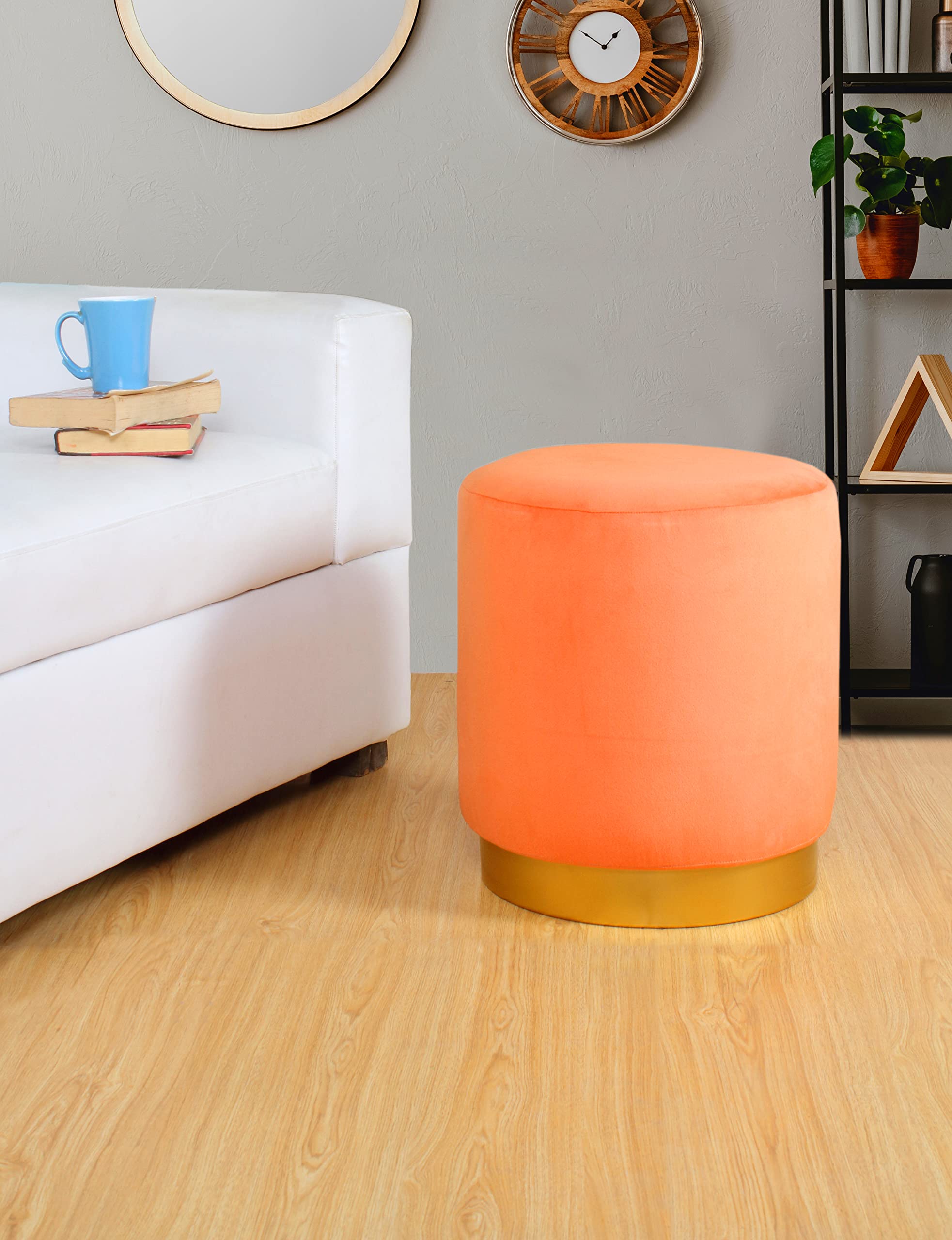 ShadowKart Ottoman Pouffes Stool for Living Room Poof Sitting Bench Furniture Footrest Seat Pouf Puffy Foam Small Foot Stool for Office Home Decor, 16x16x18 Inch, Orange, Metal Ring-image-24