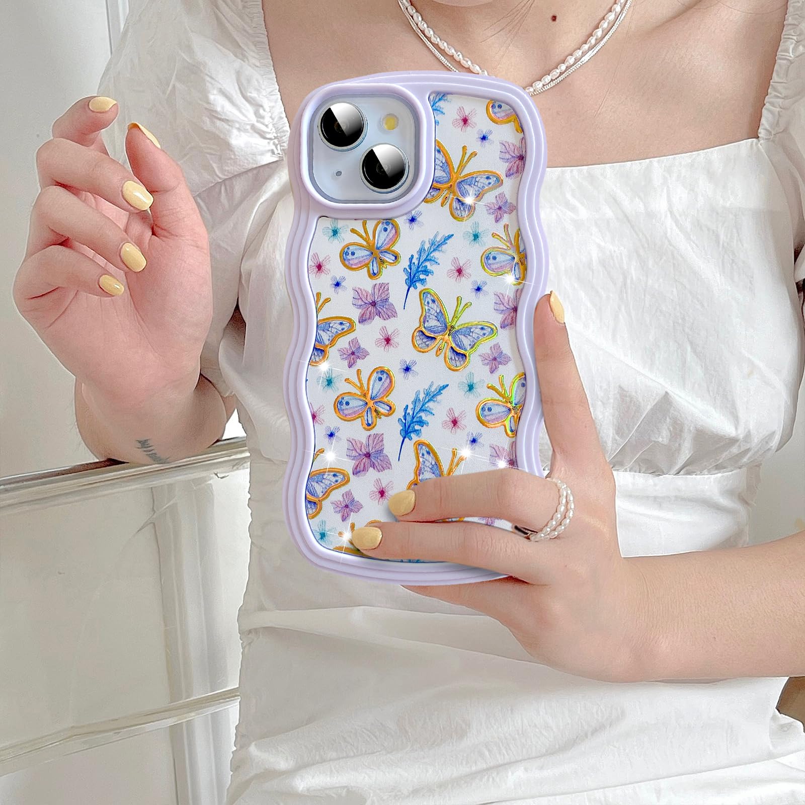 UEEBAI for iPhone 15 Case, Floral Wave Frame Cute Curly Anti-slip Flower Case with Aesthetic Pattern - Image 4