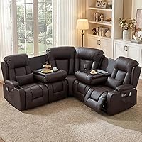 TUNYI Power Loveseat Recliner with Massage, Heat & LED Lights - 4-Seat Home Theater Sofa w/ Reversible Console, USB Ports (Brown)