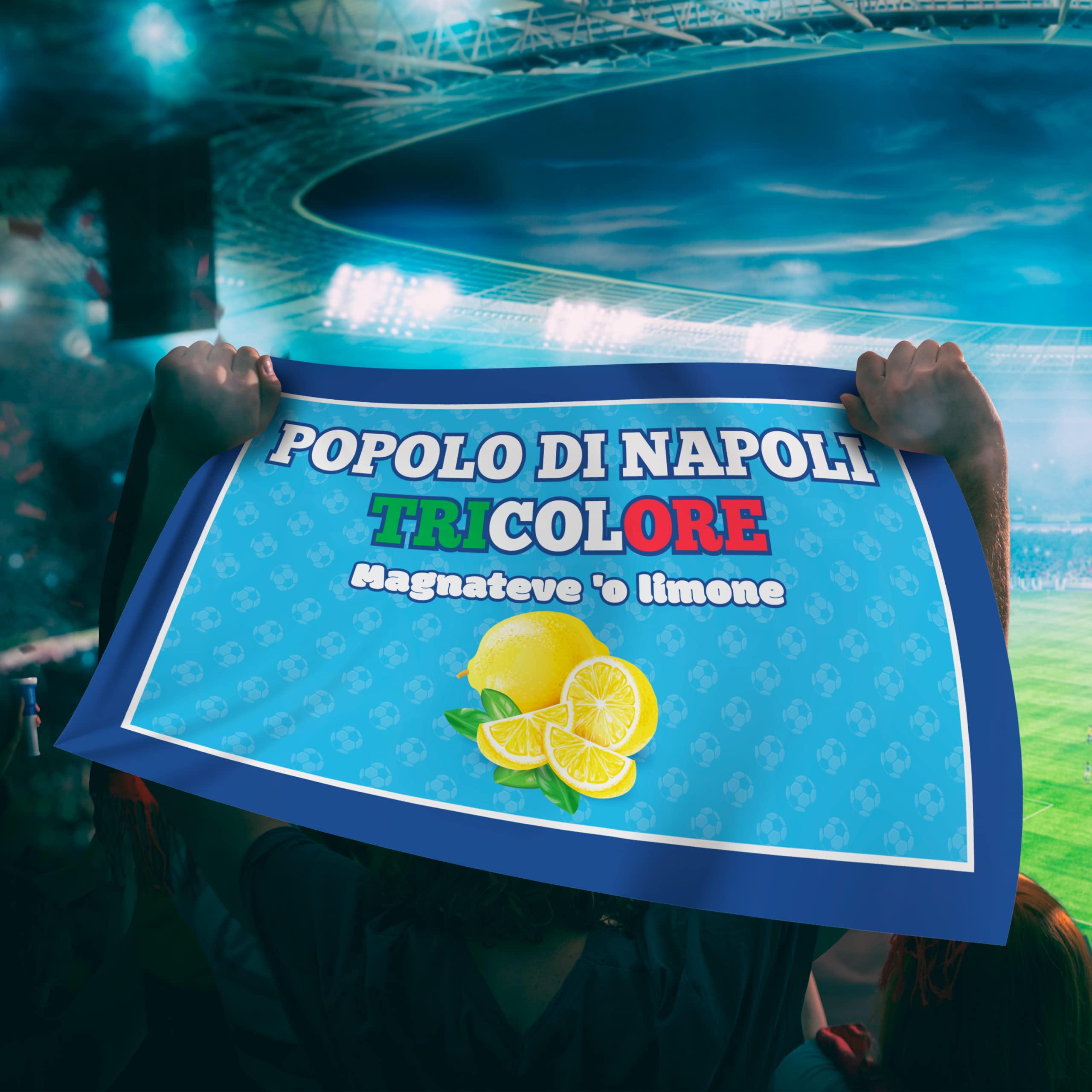 Bandiera 4° Scudetto Popolo di Napoli- Bandiera "Magnateve 'o Limone" 90x150 cm - Gadget 4° Tricolore - Regalo Tifoso Calcio, Senza Asta