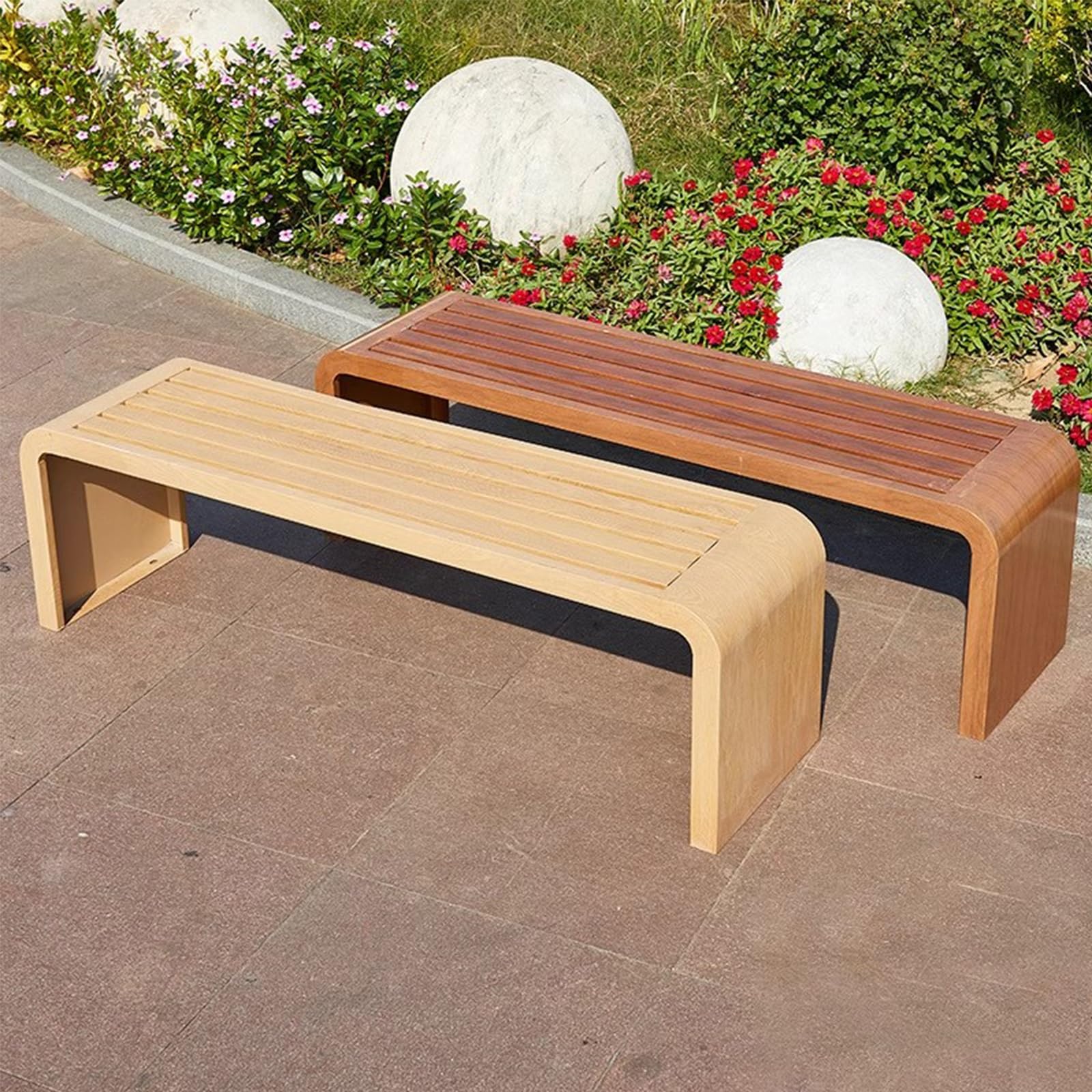 Gartenbänke, Holzbank, Terrassenbank Ohne Rückenlehne, Wetterfeste Parkbänke, Metallrahmen, Geeignet for Gärten, Veranden, Terrassen(Brown,100cm/39in)