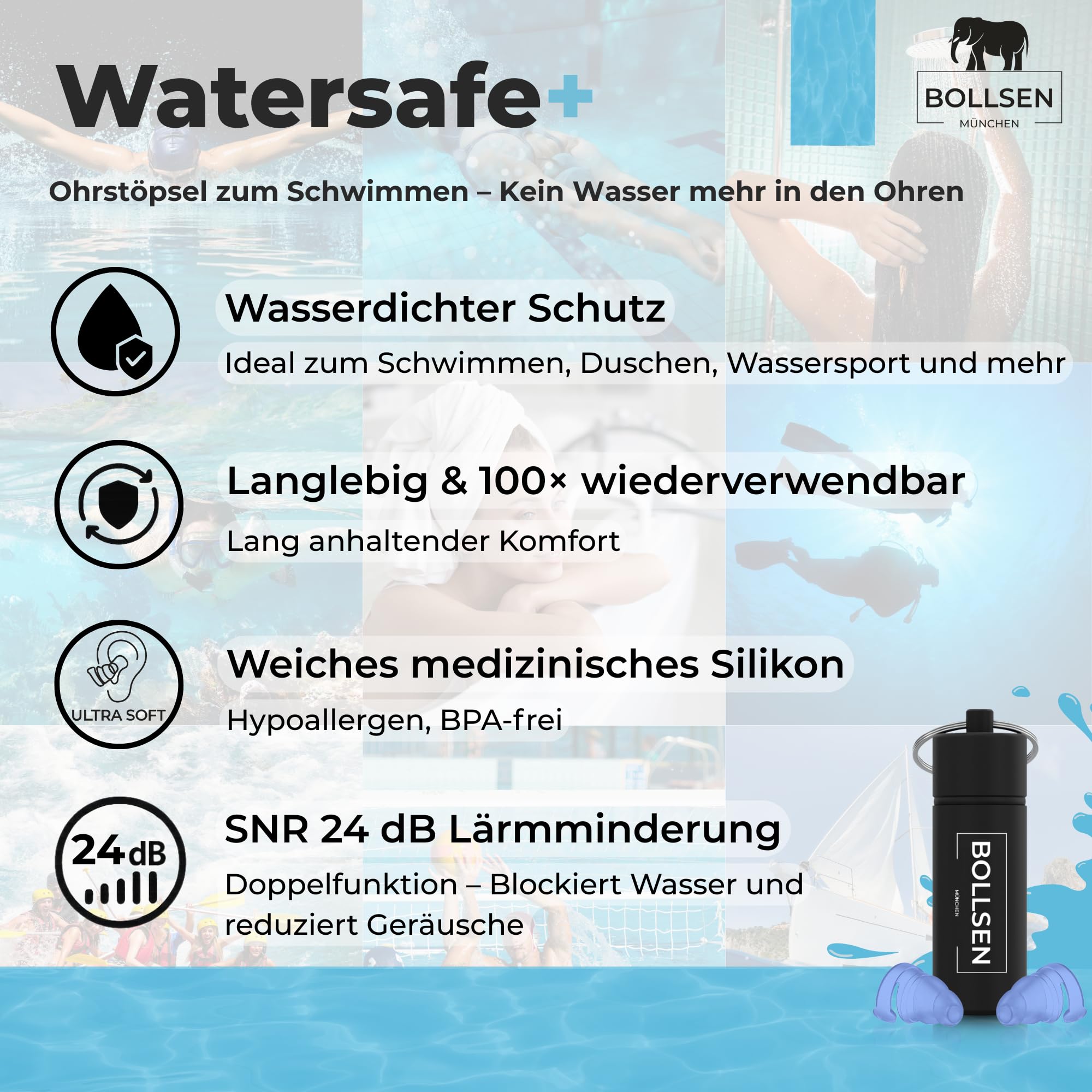 BOLLSEN Watersafe+ Schwimm Ohrstöpsel für Erwachsene – Wiederverwendbare Silikon Ohrstöpsel für Dusche, Bad, Schwimm & Wassersport – Wasserdicht mit 24 dB Lärmminderung (1)