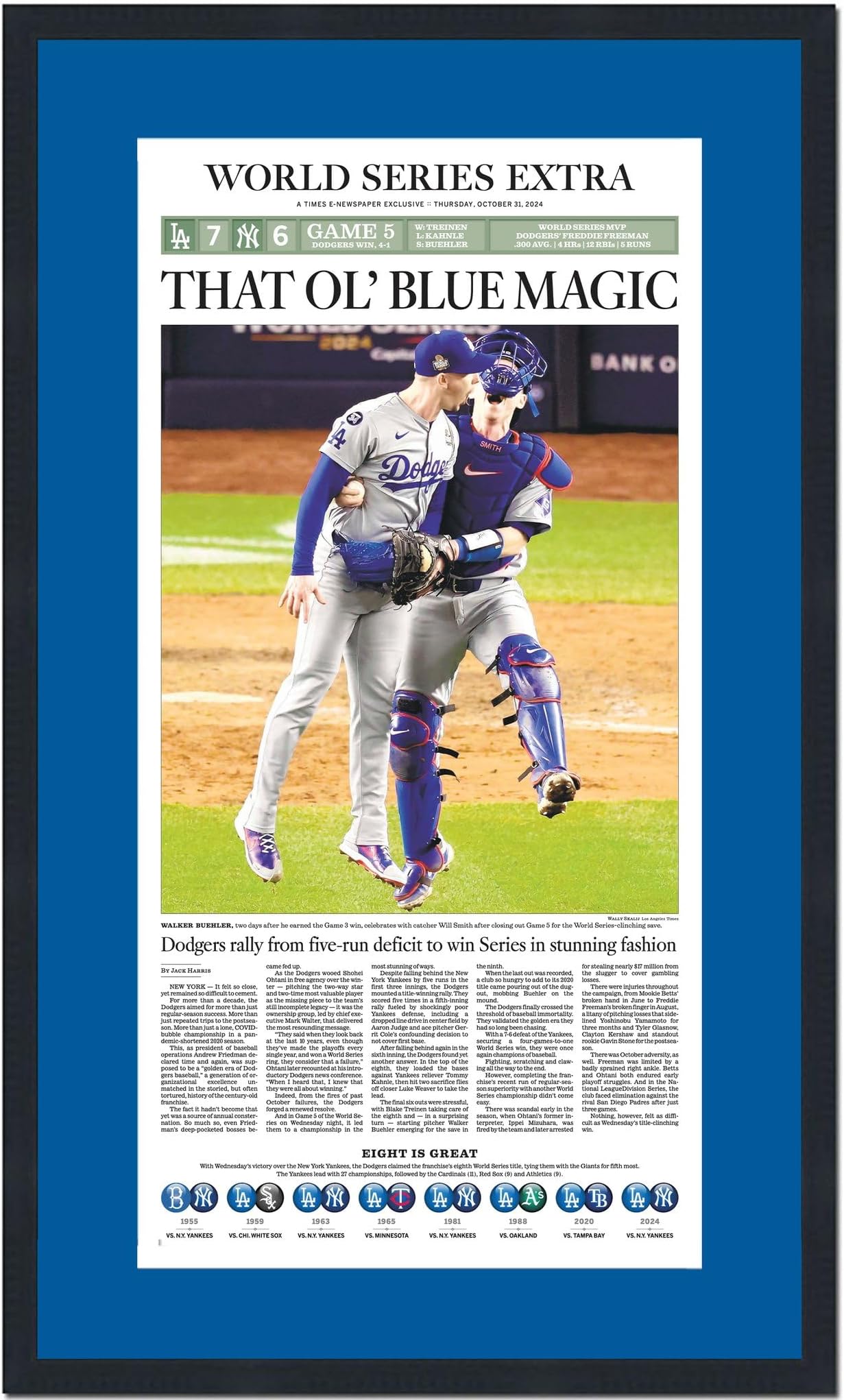 HOFSM.COM Hall of Fame Sports Memorabilia Framed Los Angeles LA Times Dodgers That Ol' Blue Magic 2024 World Series Champions 15x25 Baseball Newspaper Cover Photo Professionally Matted