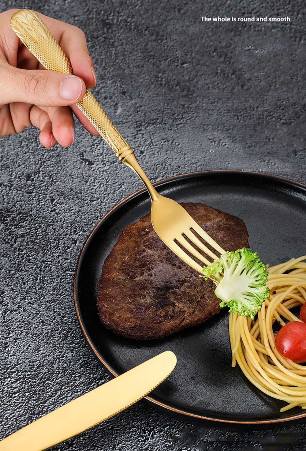 Edelstahlbesteck Besteckset, 24-teiliges Besteckset aus Edelstahl for 6 Personen mit Griffen in Weizenmuster, einschließlich Steakmessern, Gabeln und Besteck, spülmaschinenfest, Gold-Finish