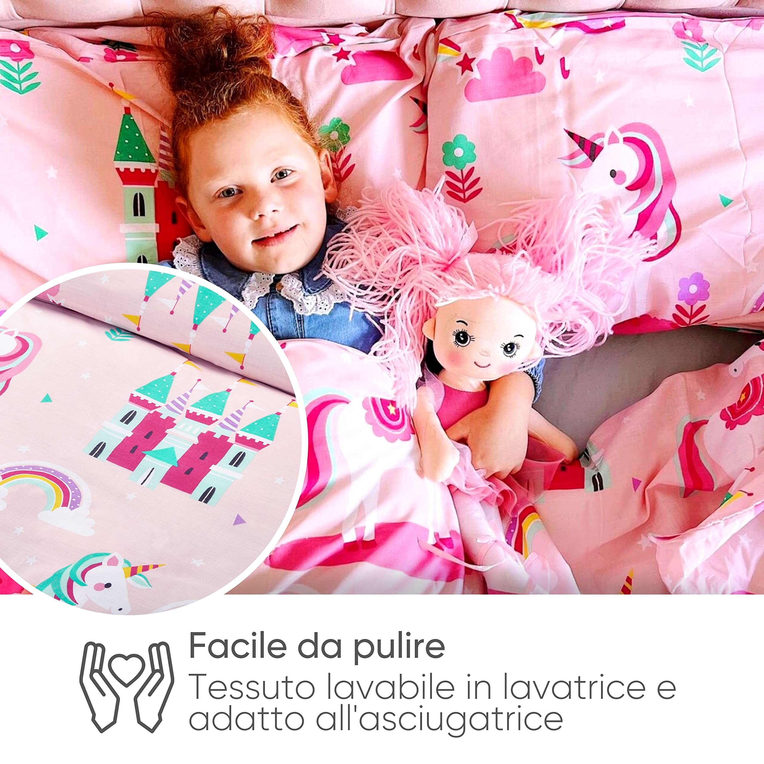 Bloomsbury Mill - Set biancheria da letto per bambini - Unicorno, Principessa e Arcobaleni - Set Copripiumino Lettino e federa per Ragazee - Lenzuola Culla per junior e bambino - Rosa -120 x 150 cm