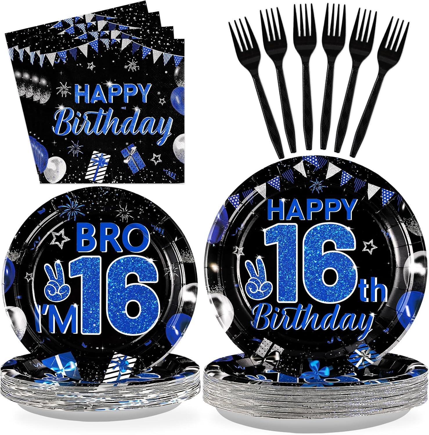 Grencian 96Pcs 16th Birthday Party Decorations for Boys Blue and Black 16th Birthday Plates Disposable Official Teen 16 Tableware for Teen Boys I’m 16 Bro 16 Years Old Party Supplies Serves 24