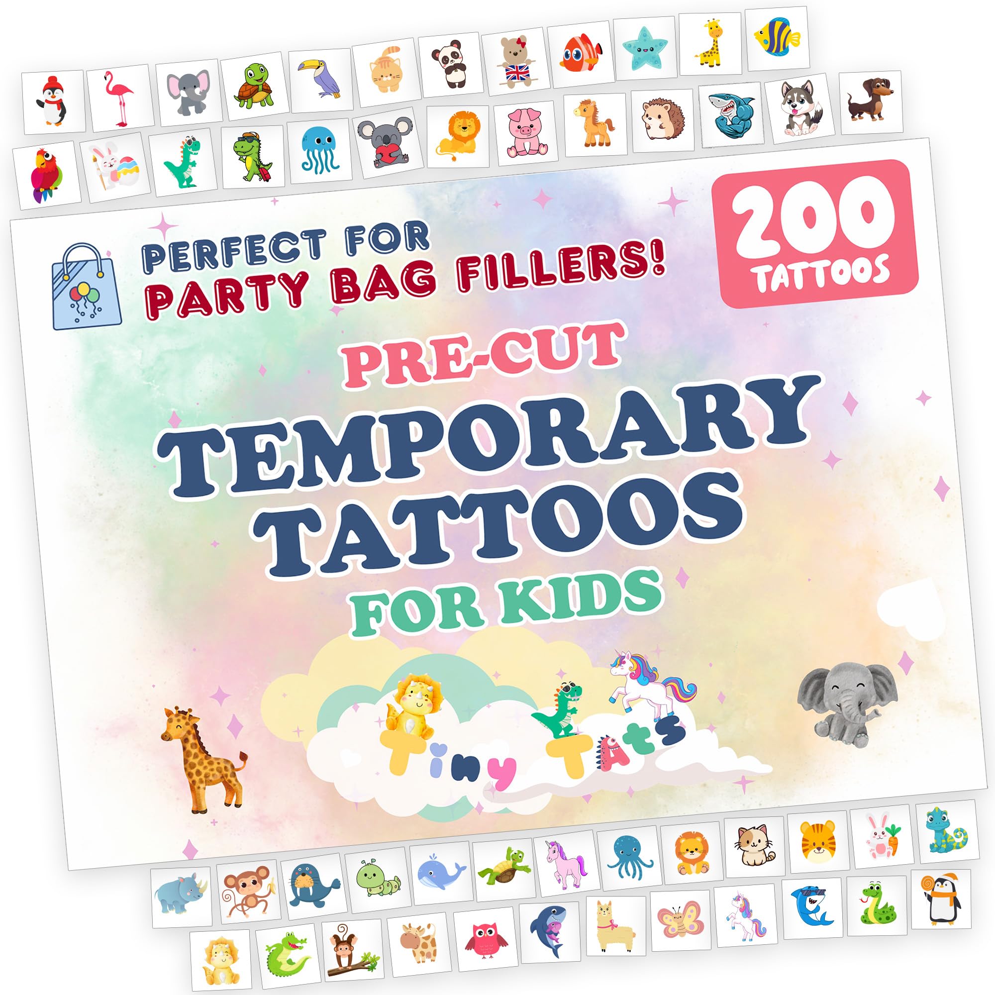 Pinata Bag Fillers for Kids Temporary Tattoos 200 Pack | Pinata Party Bag Fillers Bulk Boys Girls Unisex | Pre-Cut Ready to Use | Birthday Party Favours | Age 2-9