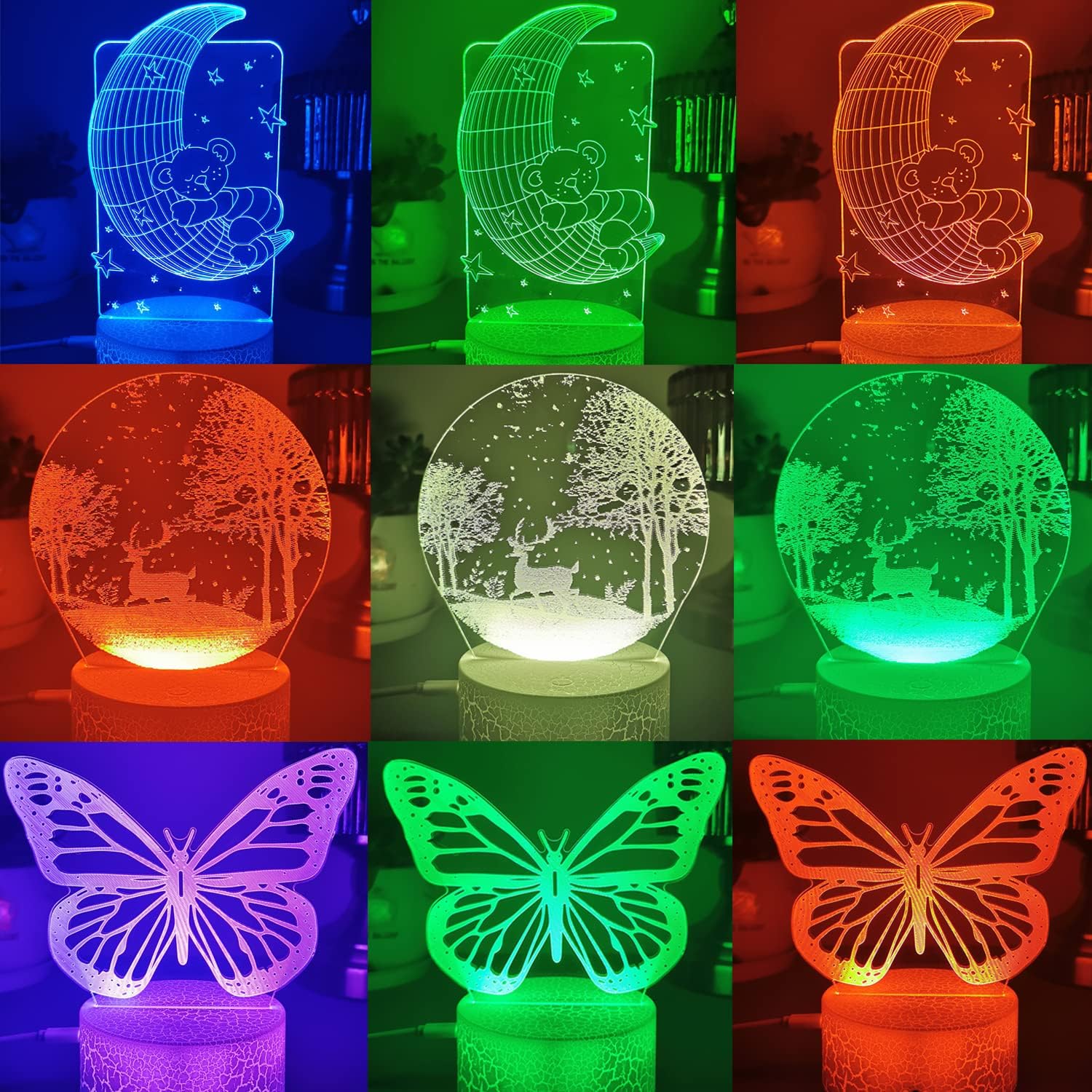 HConce 3D Butterfly Bear Night Light lamp Gift Bedroom Decor Light Led Sensor Color Changing Work Desk 3D Deer Led Lamp（3 Pattern,1 Base）