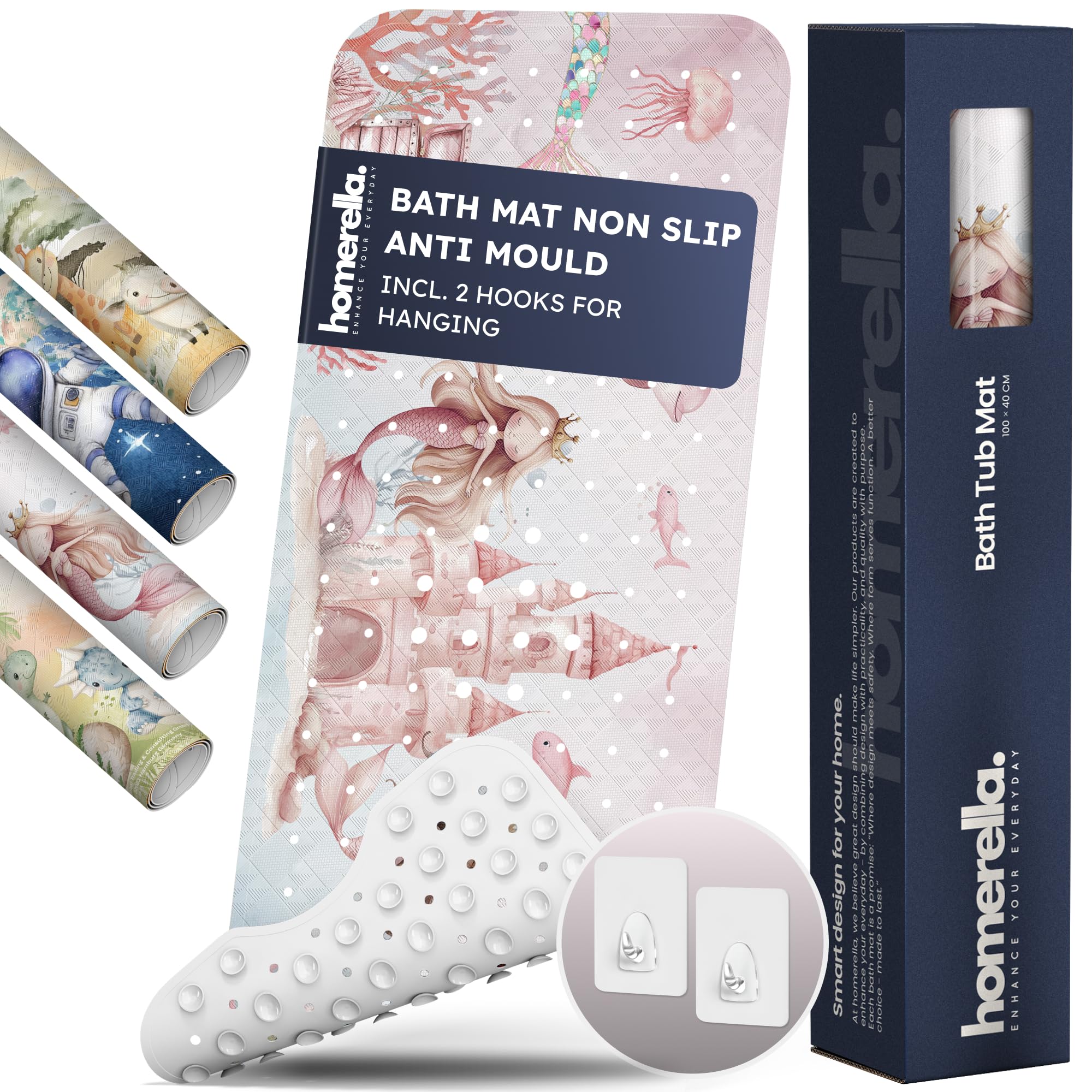 Homerella Mermaid Splash Bath Mat Non Slip Anti Mould Kids 100X40cm Incl. 2 Hooks - Anti Slip Bathtub Mat Machine Washable, Bpa Free, Toddler Non Slip Bath Mat For Inside Bath Tub