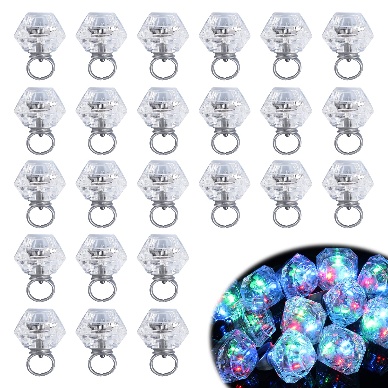 24 PCS Anillos Diamantes Luminosos LED Luces Juguetes Anillos de Dedos Brillantes para Fiestas Cumpleaños Boda Decoración