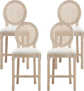 French Country Bar Stools Set of 4, 26" Seat Height Wooden Barstools with Solid Wood Frame Rattan Back Linen Upholstered Seating, Vintage Armless Farmhouse Kitchen Bar Stool Chairs, Beige
