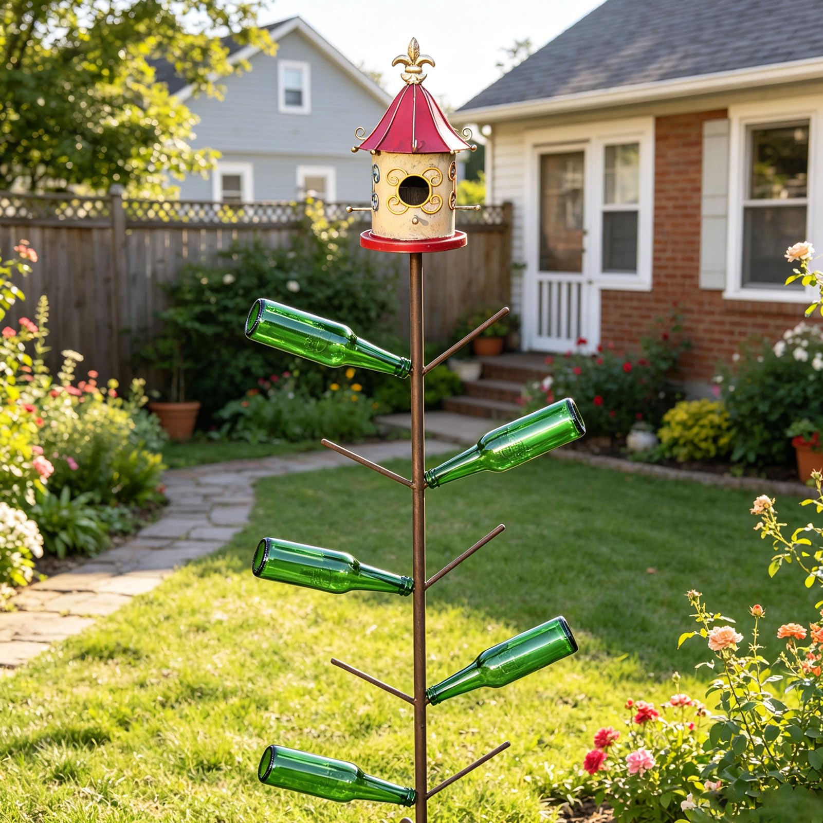 59" H Bird House Bottle Tree, Metal Bottle Tree Stand, Large Bird House