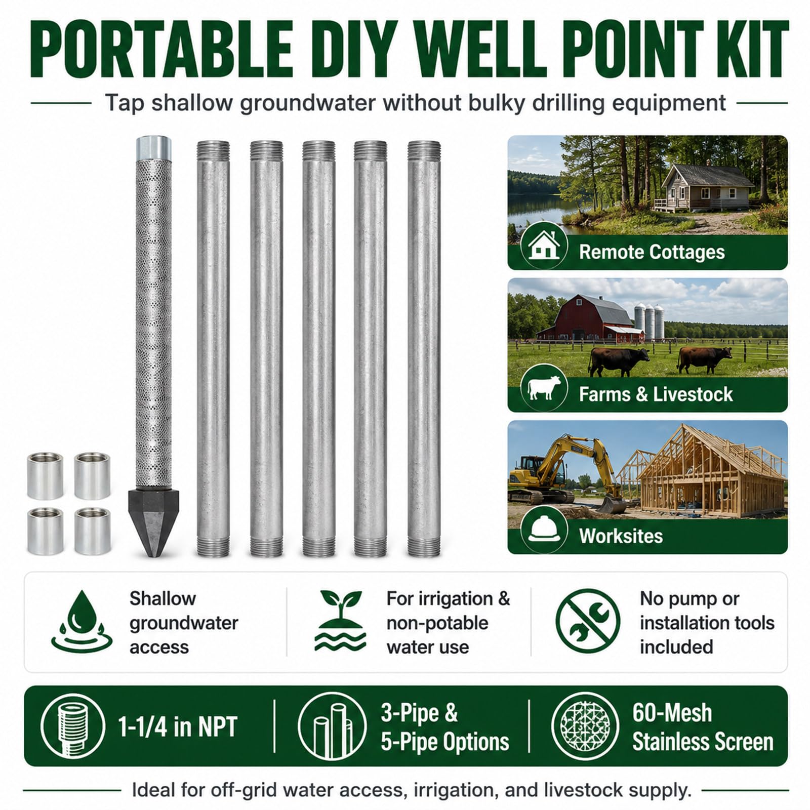 Punta filtrante 1-1/4 NPT con Malla INOX 60 Mesh 5PipeKit | La malla fina ayuda a reducir arena y sedimentos gruesos, bomba y herramientas de instalación no incluidas