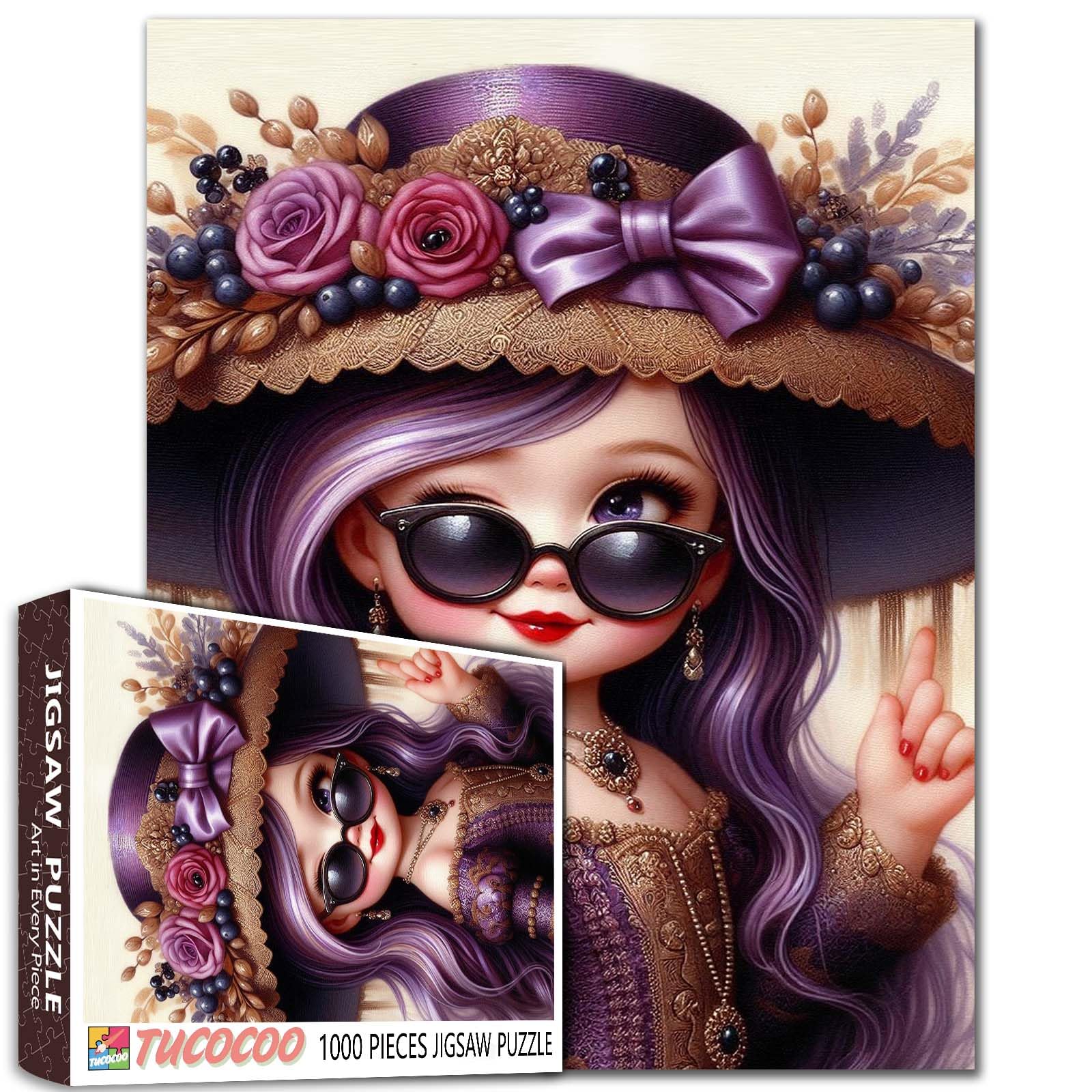 Elegant Purple Hair Girl Puzzle for Adults 1000 Piece Vintage Dress and Hat Whimsical Fashion Portrait Puzzles for Women Family Relaxing Aesthetic Jigsaw Wall Art Unique Gift for Home Decor and Fun — image 1