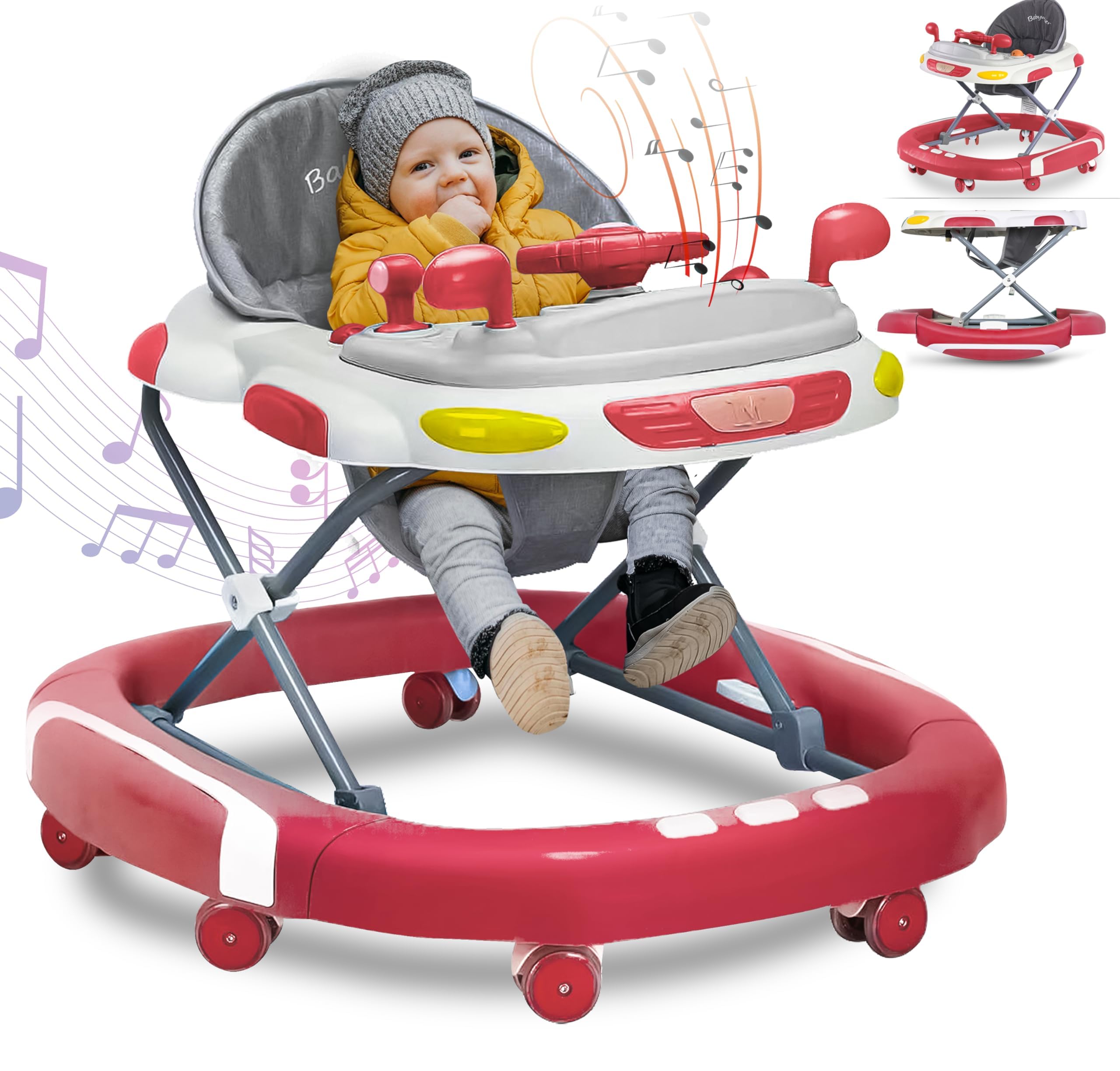2 in 1 Foldable Baby Walker & Rocker - Multifunctional Walker with 4 Adjustable Heights, Removable Feeding Tray, Music, Lights & Silent Wheels - Baby Walker for Boys & Girls 6 Months+ - Pink