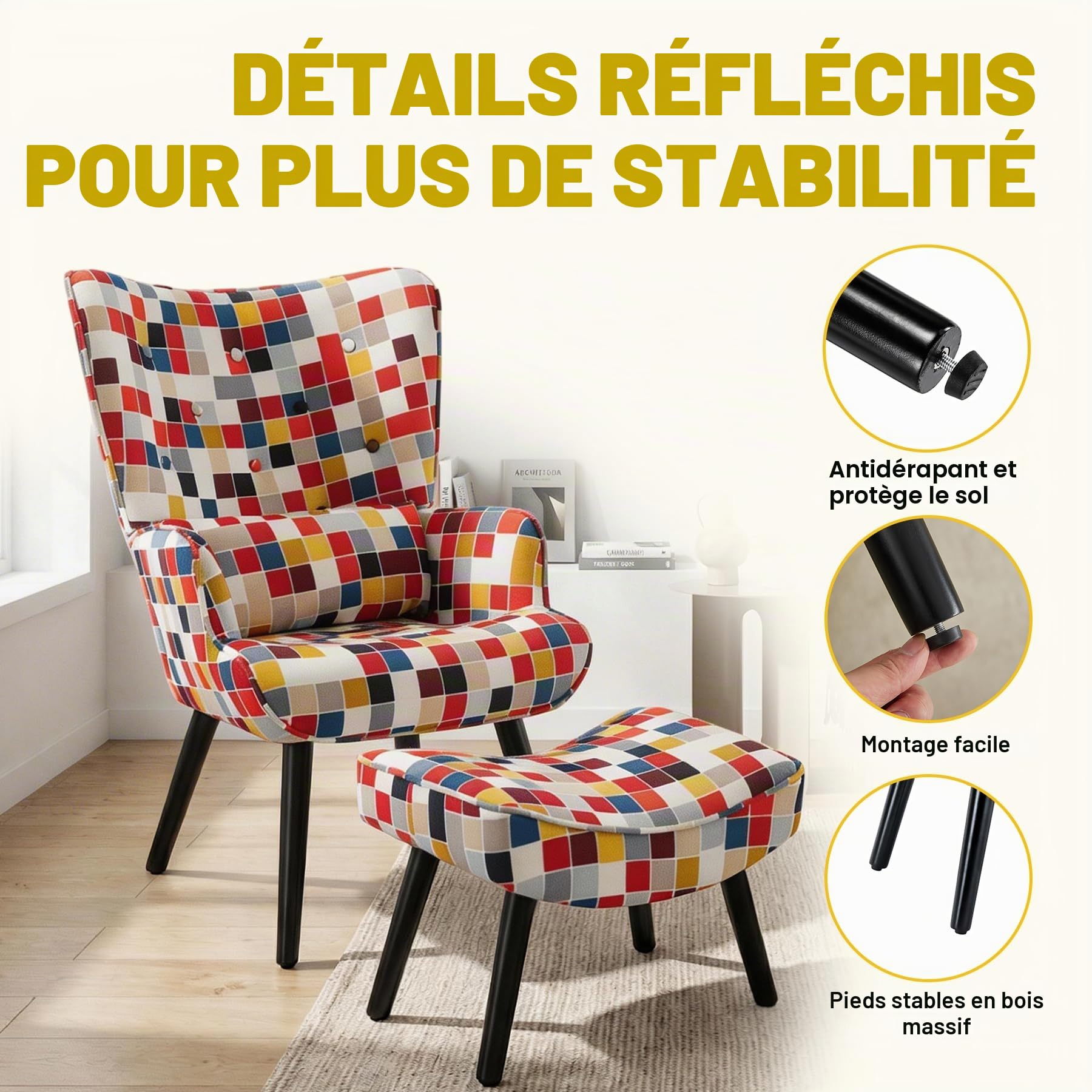 Fauteuil Patchwork Scandinave avec Repose-Pieds Support Lombaire | Fauteuil de Lecture Confortable avec Bois Massif, Tissu Lin et Design Ergonomique, pour Salon, Chambre ou Balcon