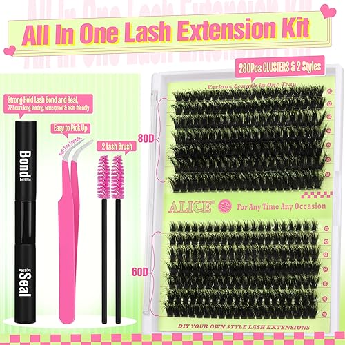 Miniatura 2 de ALICE Kit de extensiones de pestañas de volumen esponjoso 60D 80D, kit de racimos de pestañas Wispy de 0.394-0.709 in, rizo D, pestañas