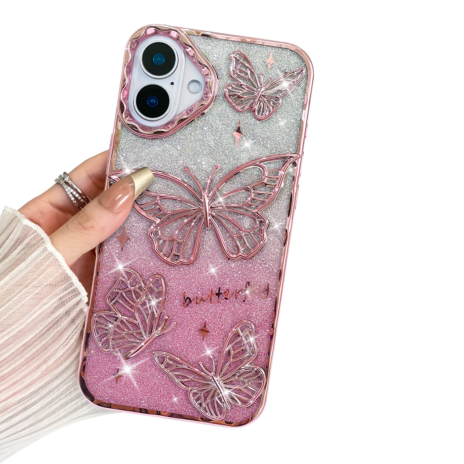 BITOBE Designed for iPhone 16, Cute 3D Butterfly Case Slim Plating Glitter Bling Luxury Cover for Women Girls Protective Camera Protection Bumper 6.1"