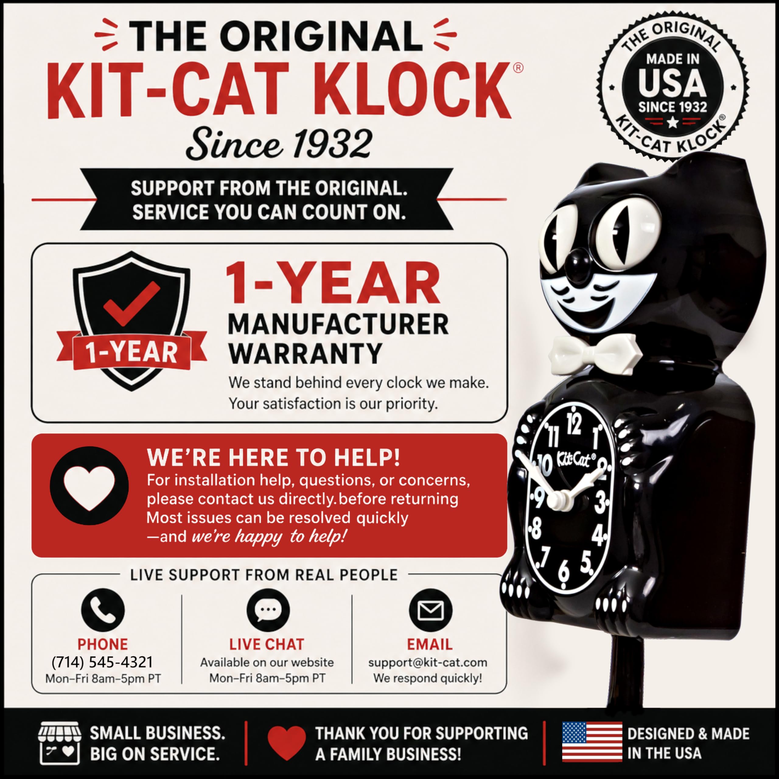 Kit-Cat Noir Klock - l'horloge édition Classique en Taille Originale Mesure 40 cm