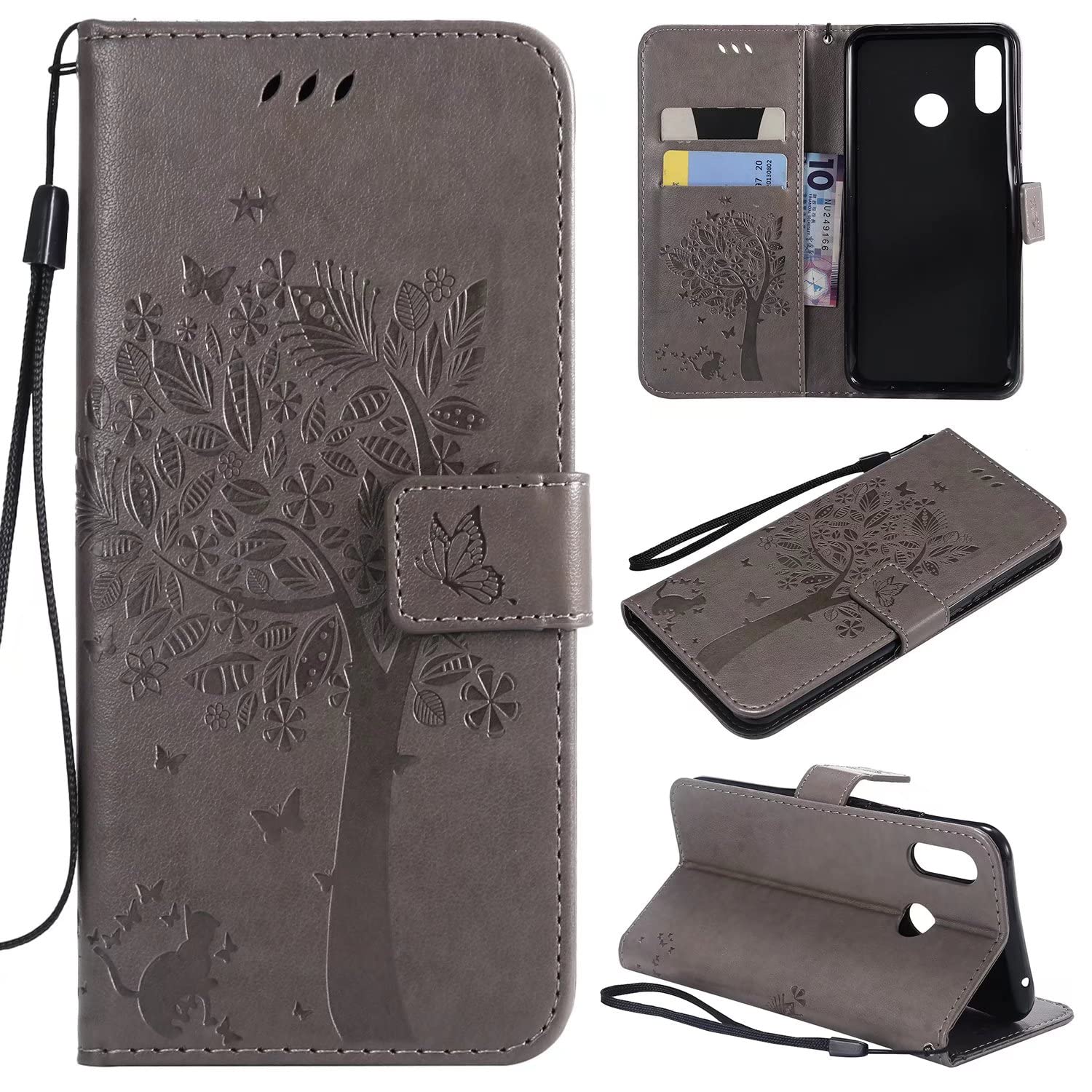 Ttianfa Case for Huawei Nova 3 Wallet Flip case with 2& Tempered Glass Screen Protector [2 Card Slot] [Magnetic][stand] Emboss Tree Cat Flowers strap PU Leather 360° Shockproof Flip Folio,Grey