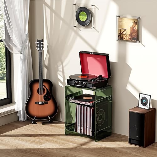 Miniatura 57 de Mesa de tocadiscos de acrílico con estante de almacenamiento, mesa auxiliar transparente (naranja, grande) Naranja,Negro -,Claro,Azul