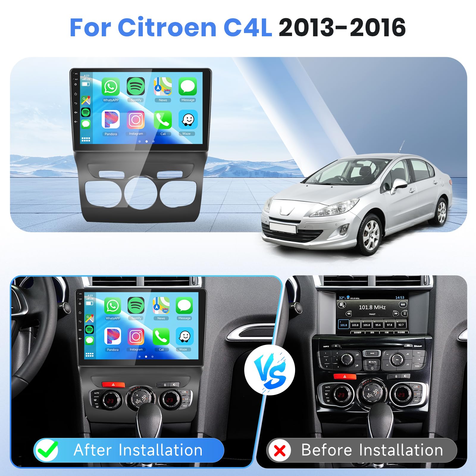 Podofo Autoradio Carplay pour Citroen C4/DS4 (2013-2017), écran Tactile 10.1" Android 2G+64G avec sans Fil Carplay Android Auto, HiFi/Bluetooth/GPS/WiFi/FM/RDS/USB
