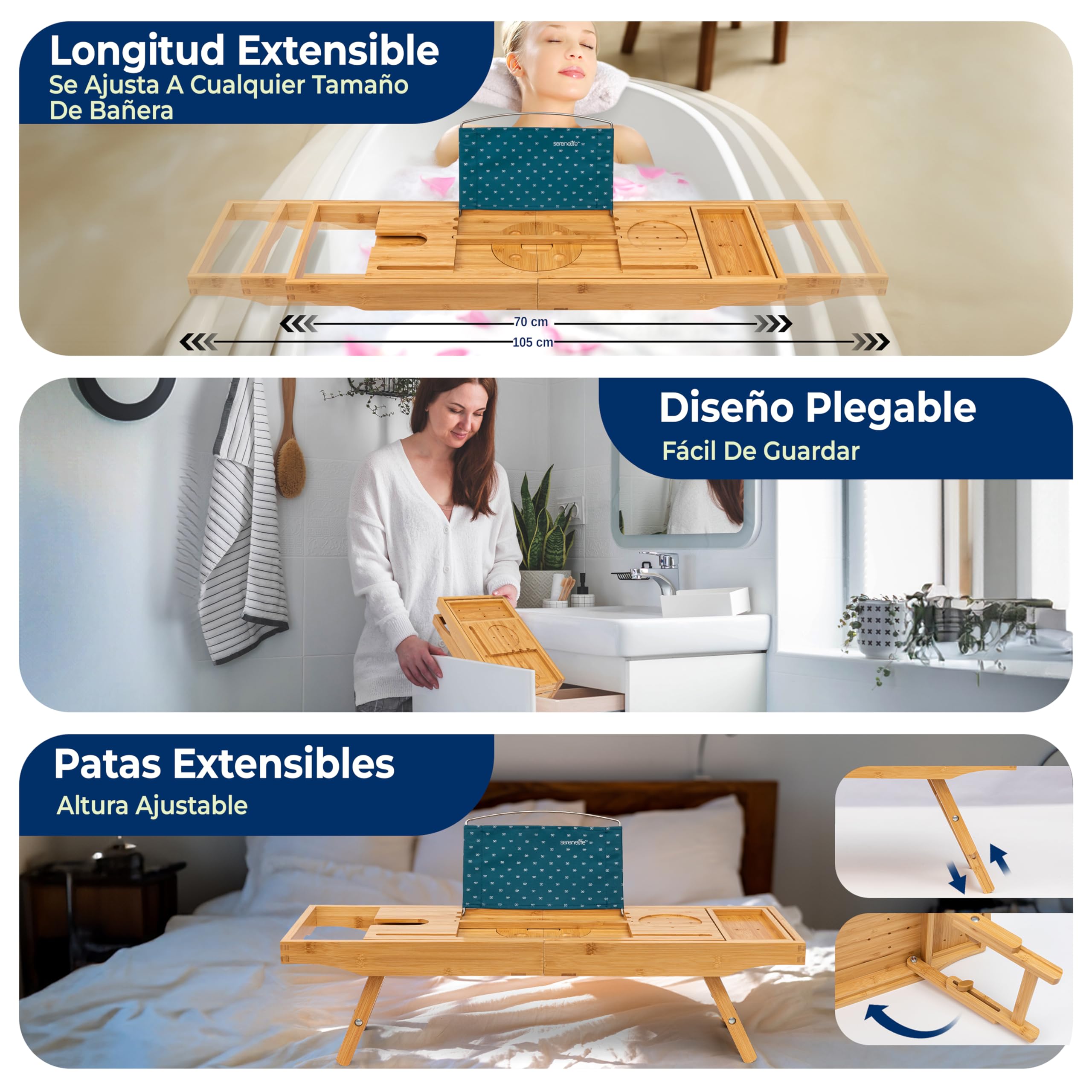 SereneLife Bandeja 2 en 1, para Cama y baño, Caddy, Plegable de Bambu, Longitud Ajustable, Antideslizante, Soporte para Dispositivos, Ranura para Copa de Vino