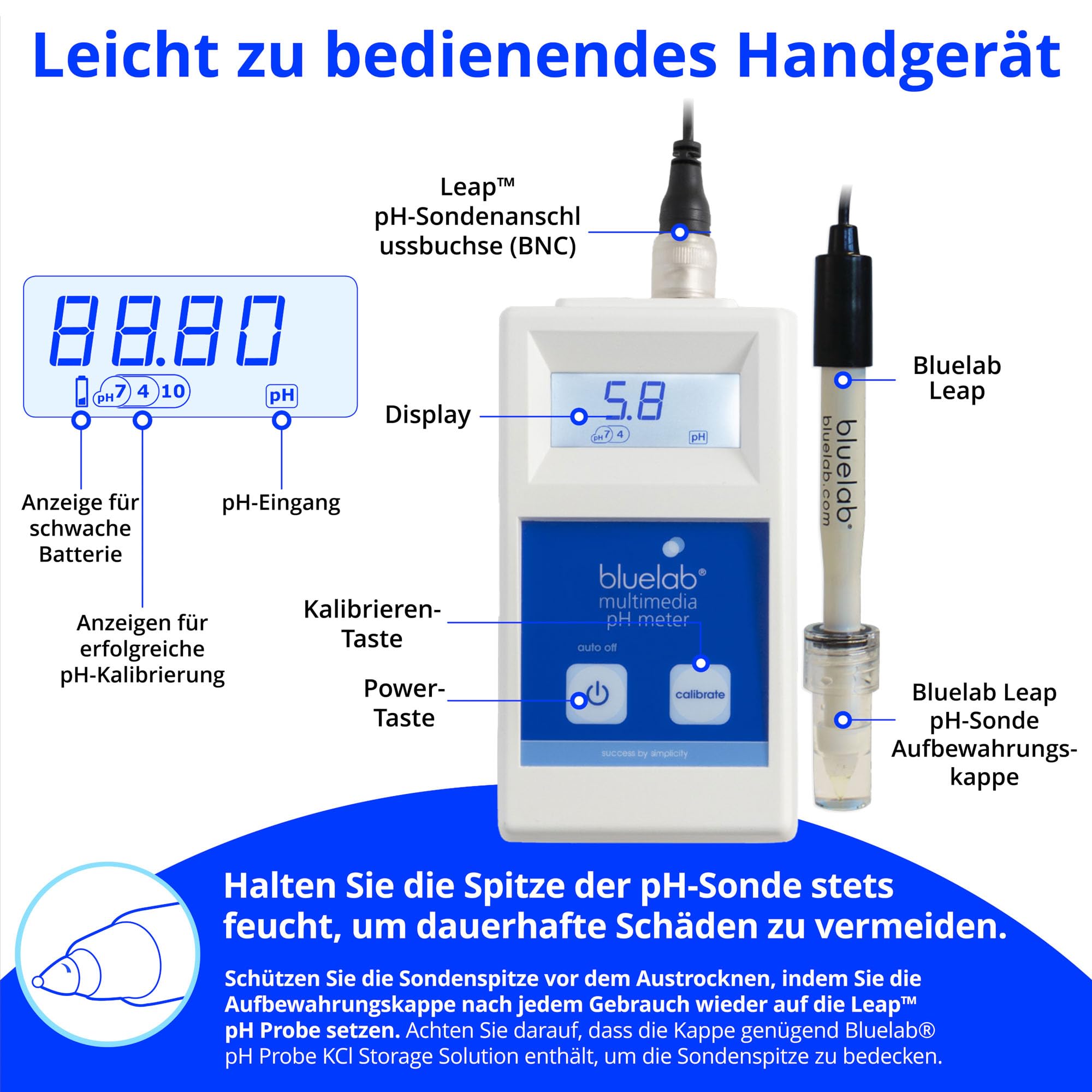 Bluelab METMULTI Multimedia PH-Meter - Digitales Handmessgerät für hydroponische Nährstoffe und Boden PH-Meter zur Messung der PH-Werte in Nährstofflösungen und Boden