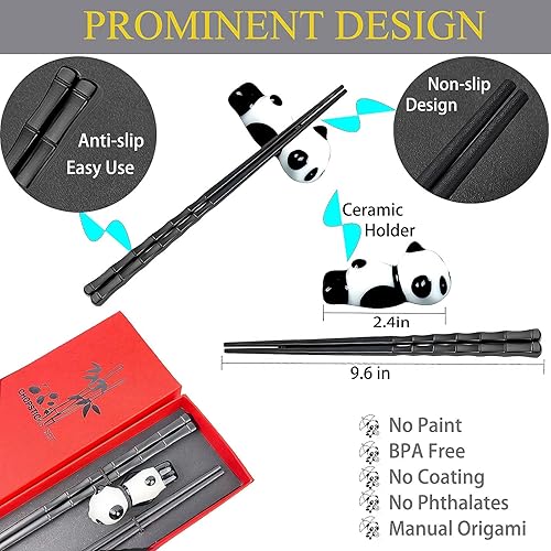 Miniatura 2 de Juego de palillos reutilizables y palillos de regalo, apto para lavavajillas, antideslizante, estilo chino japonés (negro, 2 pares)