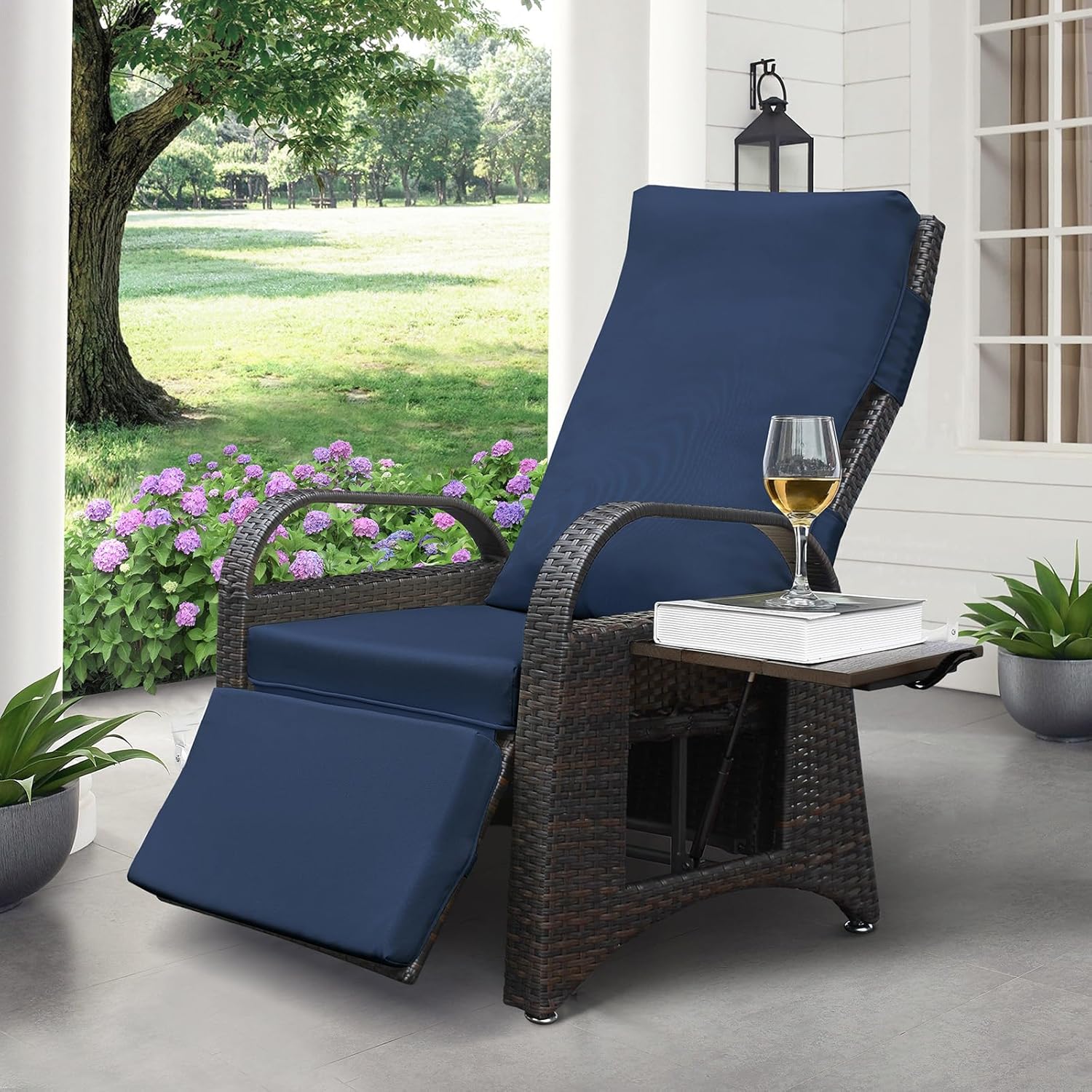 Skypatio Indoor/Outdoor Wicker Recliner Chair, Adjustable Backrest Patio Recliner Lounge Chair with Flip Side Table, Cushion Comfort Upgrade(Navy Blue)