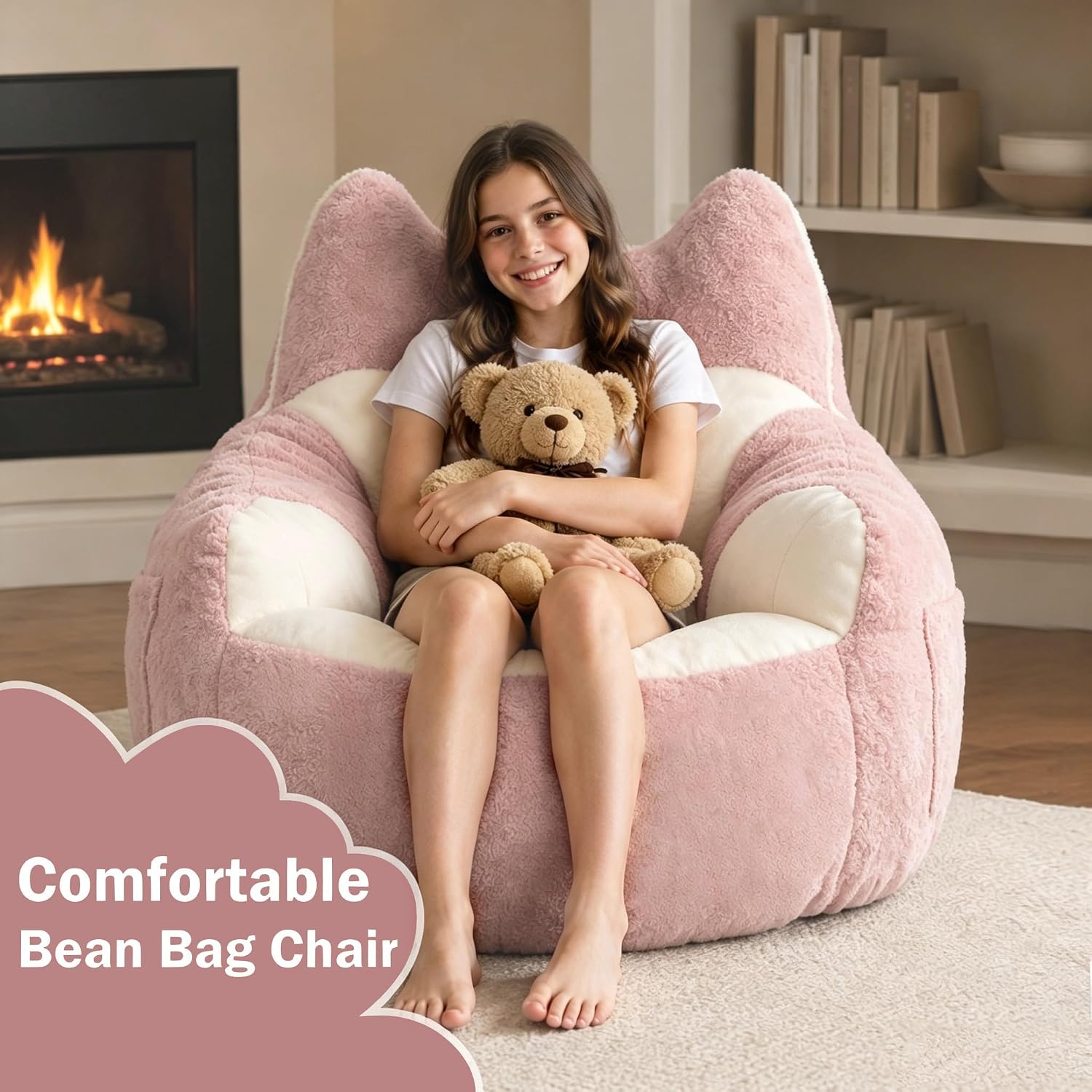 Bean Bag Chair for Teen Adults, Memory Foam Fluffy Cat Bean Bag for Personal Apartment, Bedroom and Living Room Accent Floor Chair Sofa for Comfy Relaxing Reading（Pink）