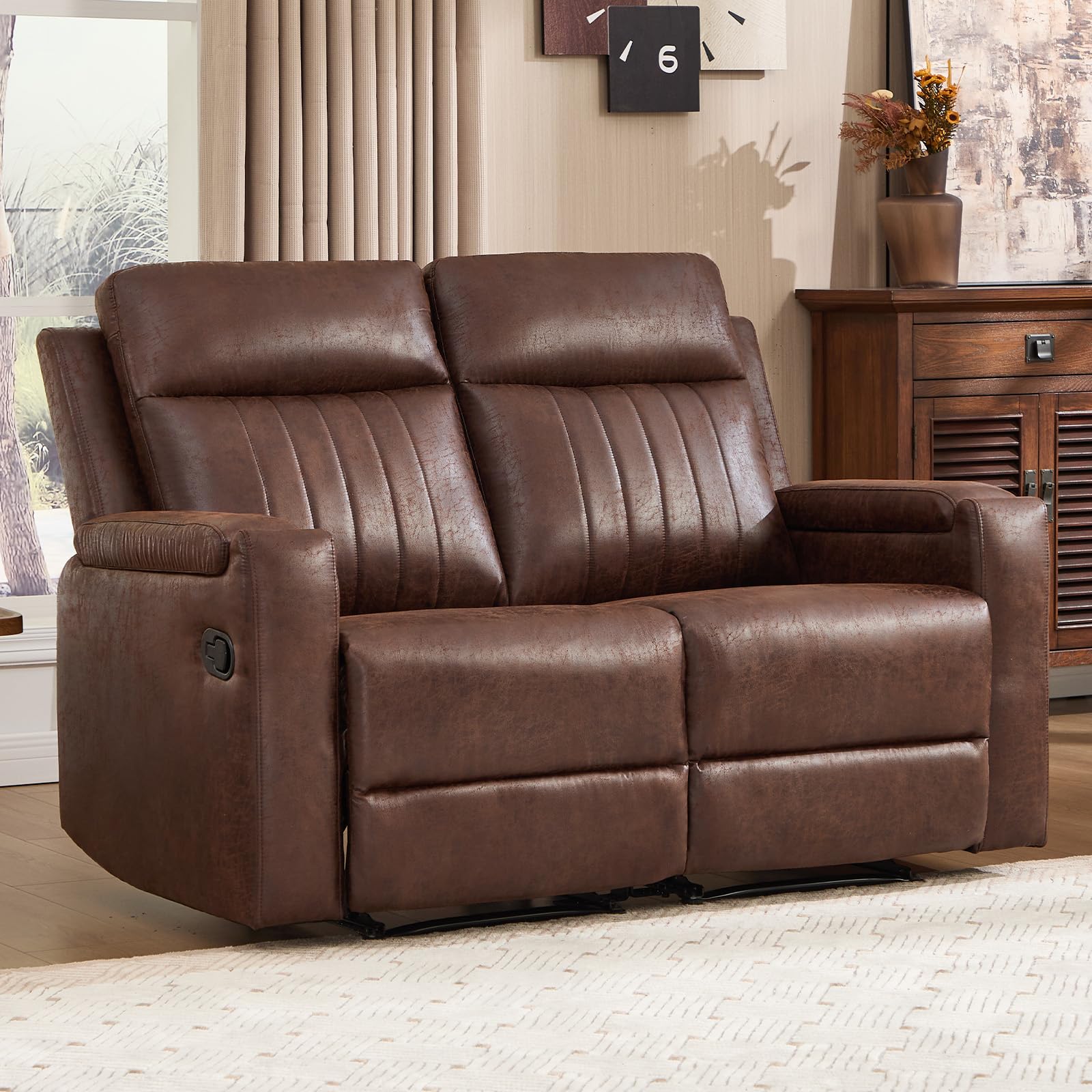 Faux Leather Recliner Sofa Set 2 Chairs 58 Loveseat Cup Holder Storage Red Brown image 6