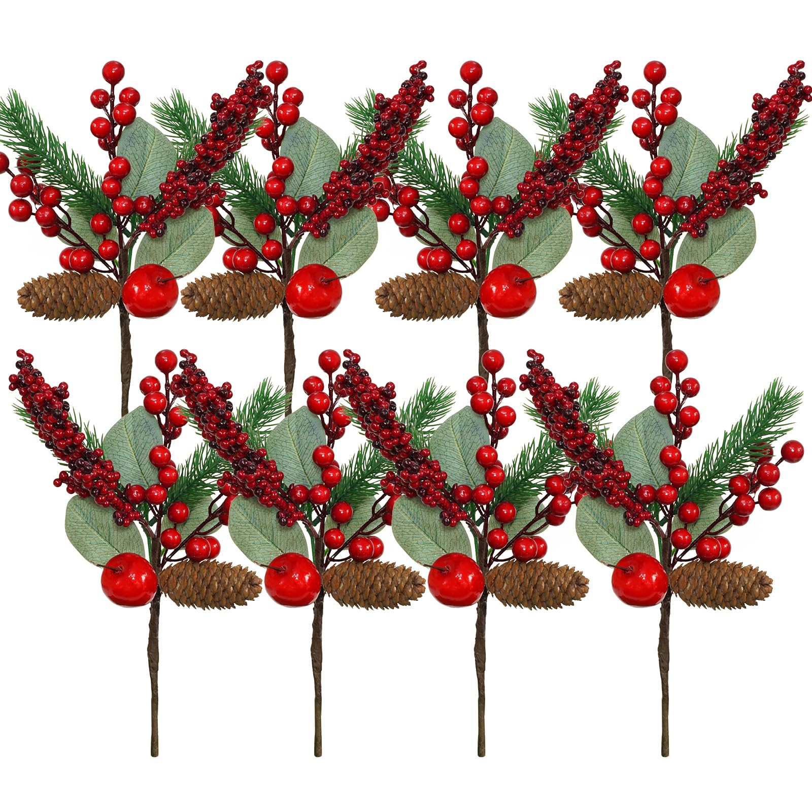 JIFTOK 12Pcs Pine Christmas Picks Assorted Artificial Red Berry Picks Stems Faux Pine Picks Spray with Pinecones for Xmas Tree Ornaments DIY Wreath Garland Vase Holiday Home Décor