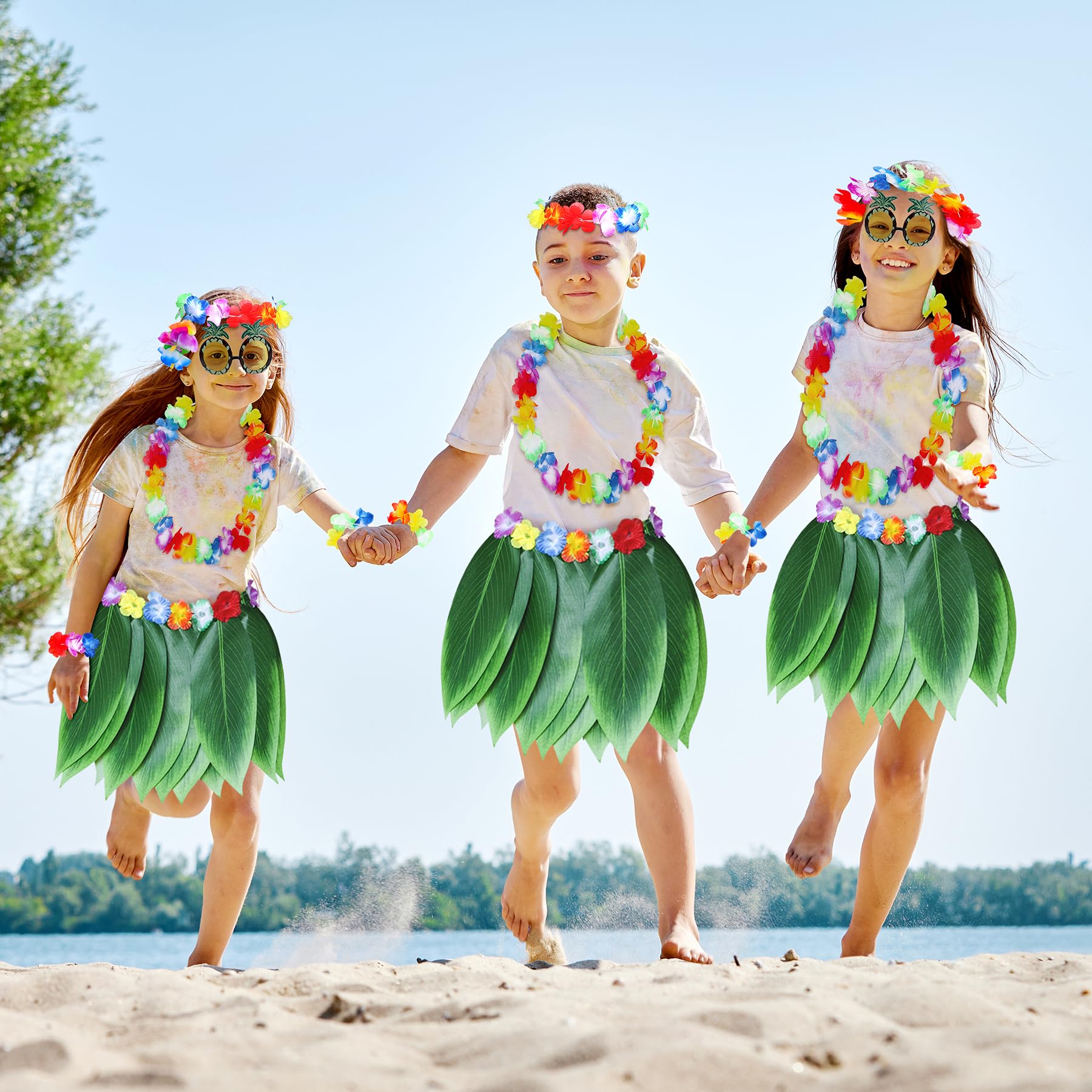 Hawaiian Red Grass Skirt & Flower Garlands Set  Tropical Beach Party Fancy  Dress Costume