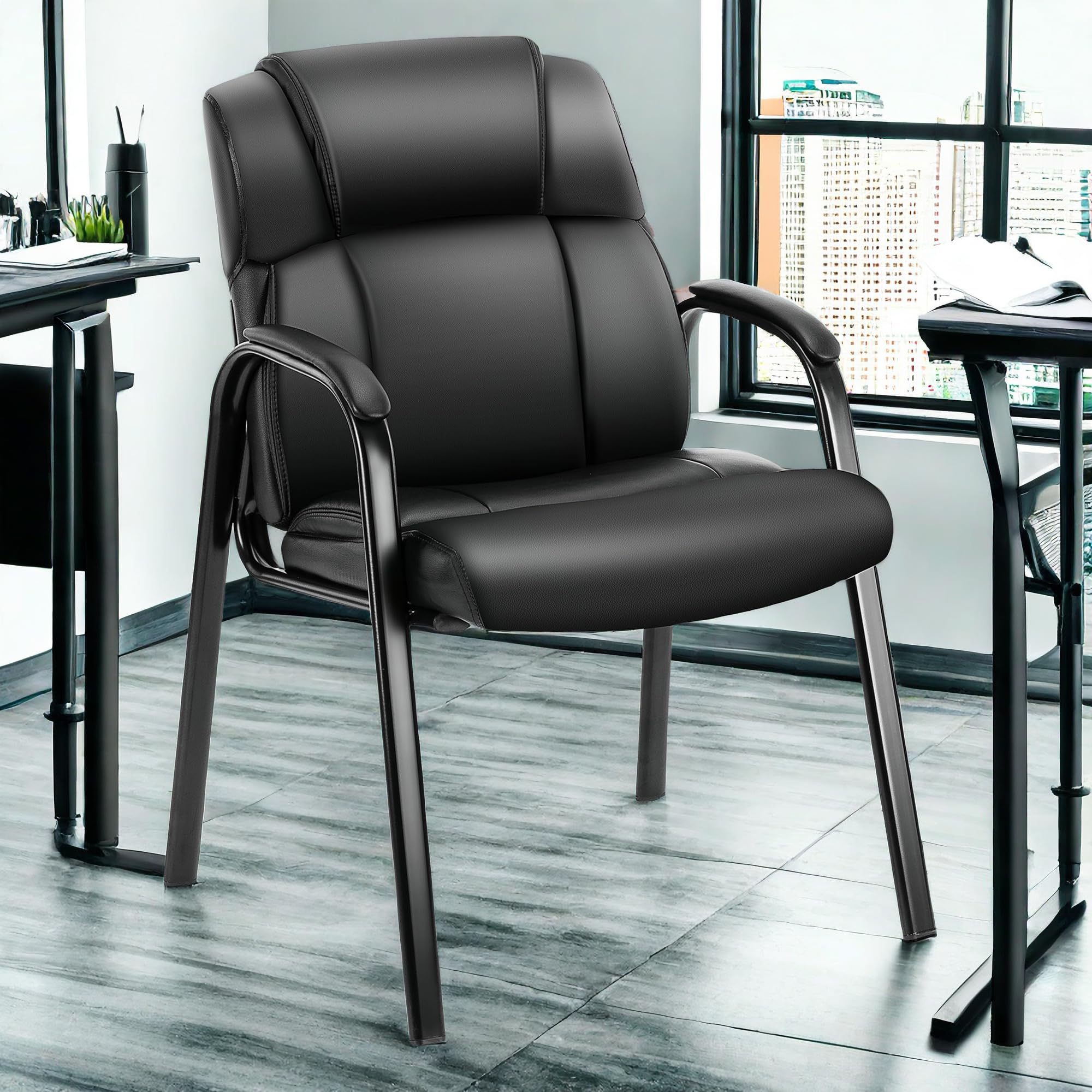 Waiting Room Chairs, Leather Reception Conference Room Chairs with Padded Armrests, Comfy Thickened Cushion Office Guest Chair for Lobby Meeting Home, Black