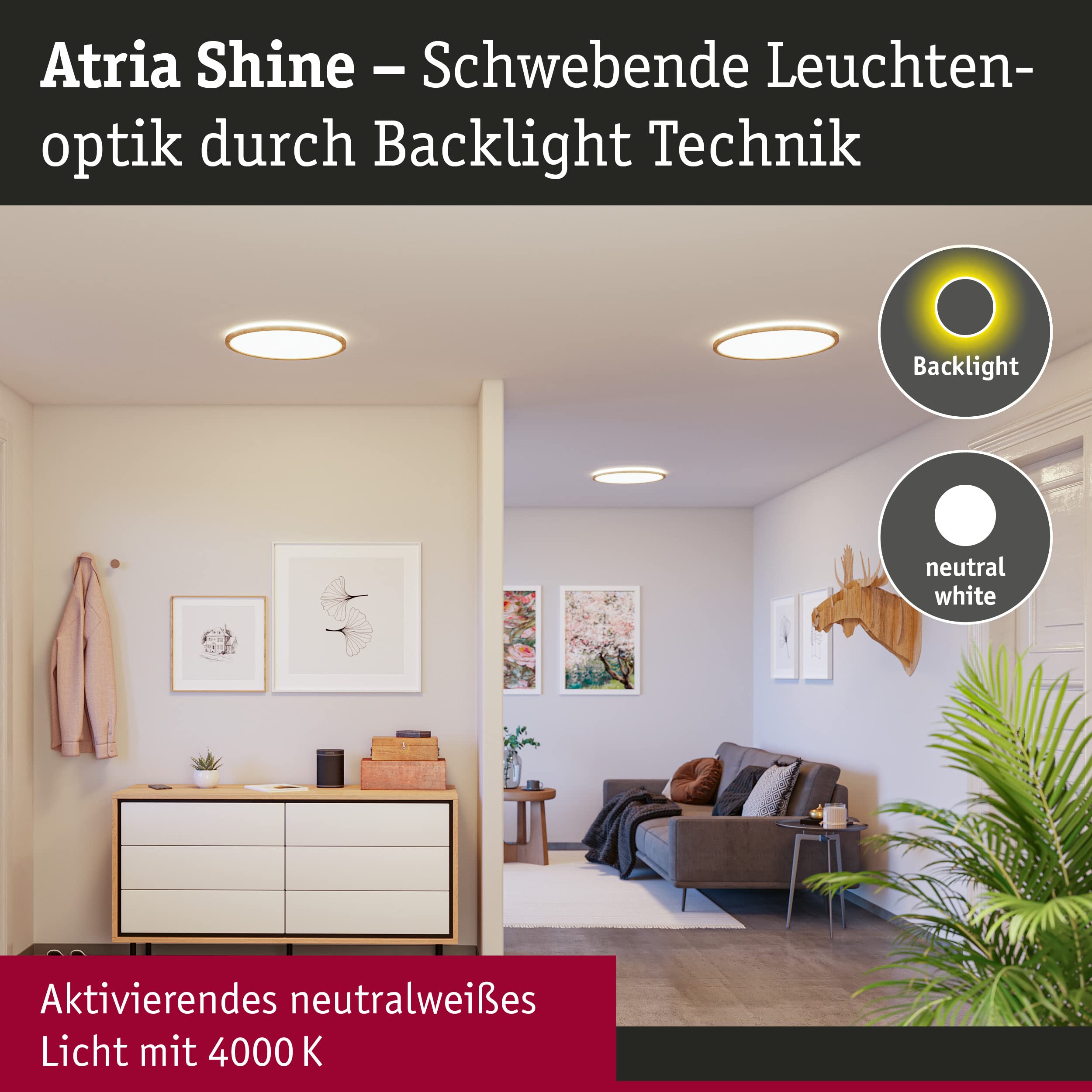 Paulmann 71034 LED Panel Atria Shine Deckenleuchte mit Backlight rund IP44 22W 2300lm 420mm Holzoptik Kunststoff 4000K Badleuchte