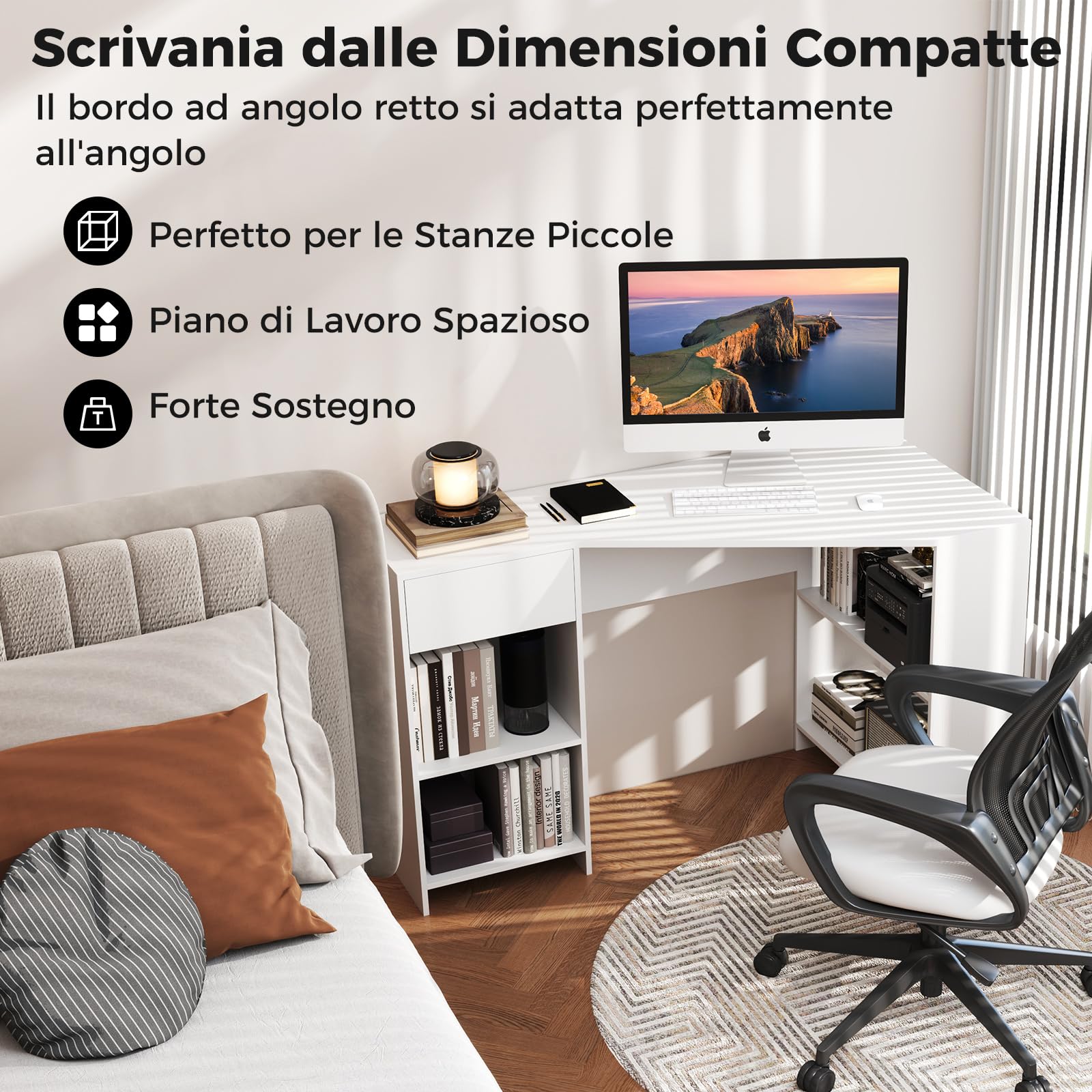COSTWAY Scrivania ad Angolo per Computer 120 x 60 cm, Scrivania a Forma di L con Ripiani e Cassetto, Scrivania Angolare Gaming Salvaspazio per Ufficio, Studio e Cameretta, Bianco