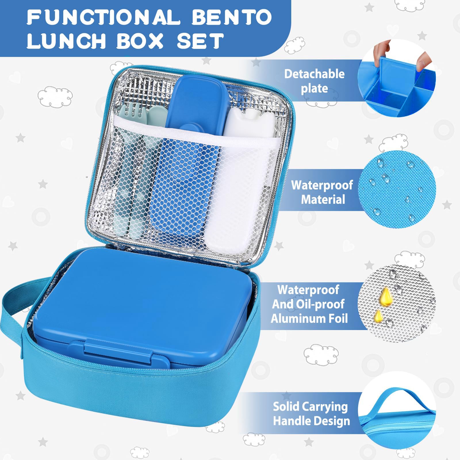 MAISON HUIS Bento-Lunchbox mit 237 ml Suppen-Thermo, 5 Fächern, auslaufsicherer Behälter, Thermobehälter für heiße Speisen und isolierte Lunchtasche, BPA-frei, für Reisen, Schule (blau)