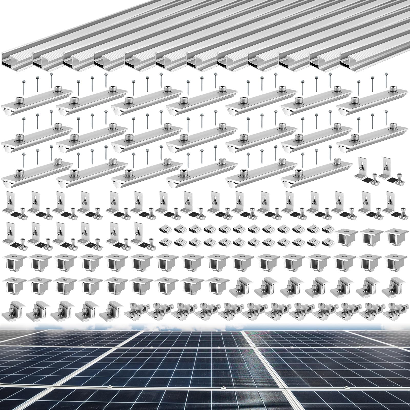 Photo 1 of **Missing Parts - See Clerk Notes**
Tandefio Solar Panel Mounting Kit for 8-10 Solar Panels, Panel Kit for Shingle Roof, Adjustable with Clamps, L Shape Brackets, 88 Inch Rails(Silver)