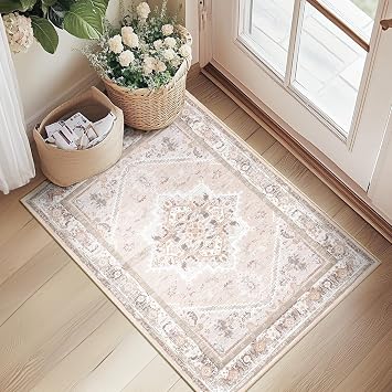 BESTSWEETIE 2x3 Area Rugs for Living Room Washable Non Slip Carpet Low Pile Soft Vintage Print Pattern Rug for Bedroom Dining Room Kitchen Entryway Indoor-Light Pink