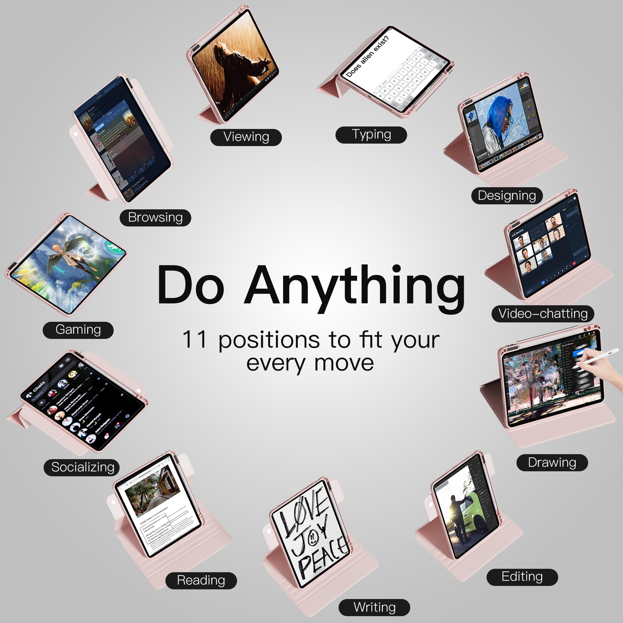 Nimin Rotating Case For Ipad 7th / 8th / 9th Generation Case With Pencil Holder, Dechable Ipad Case 10.2 Inch With Foldable Magnetic Stand, Auto Sleep/Wake, 11 Different Positions, Pink