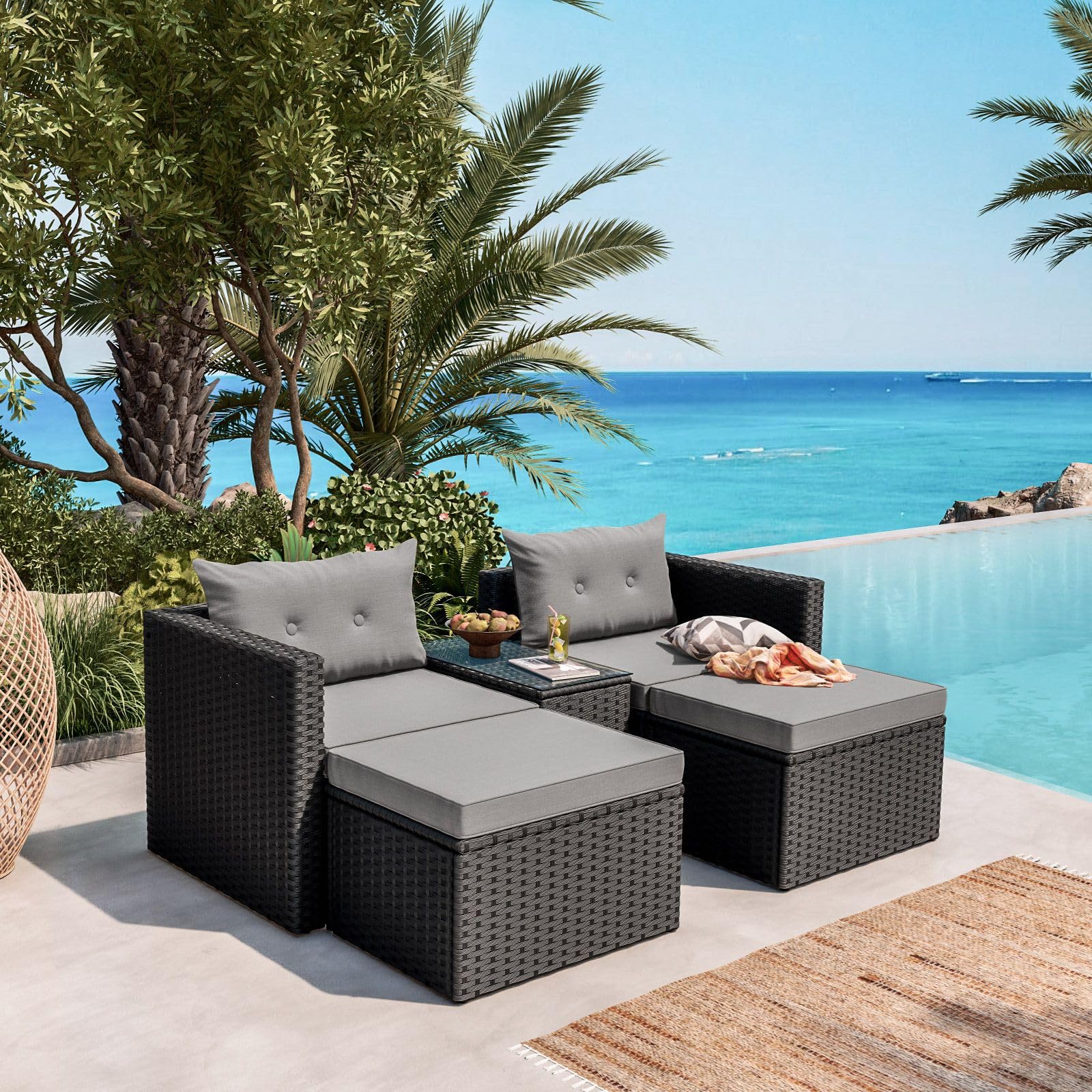 Générique Bain de Soleil modulable Exterieur en Résine Tressée Poly Rotin Salon de Jardin 4 Personnes Fauteuil en rotin modulable, Entretien Facile