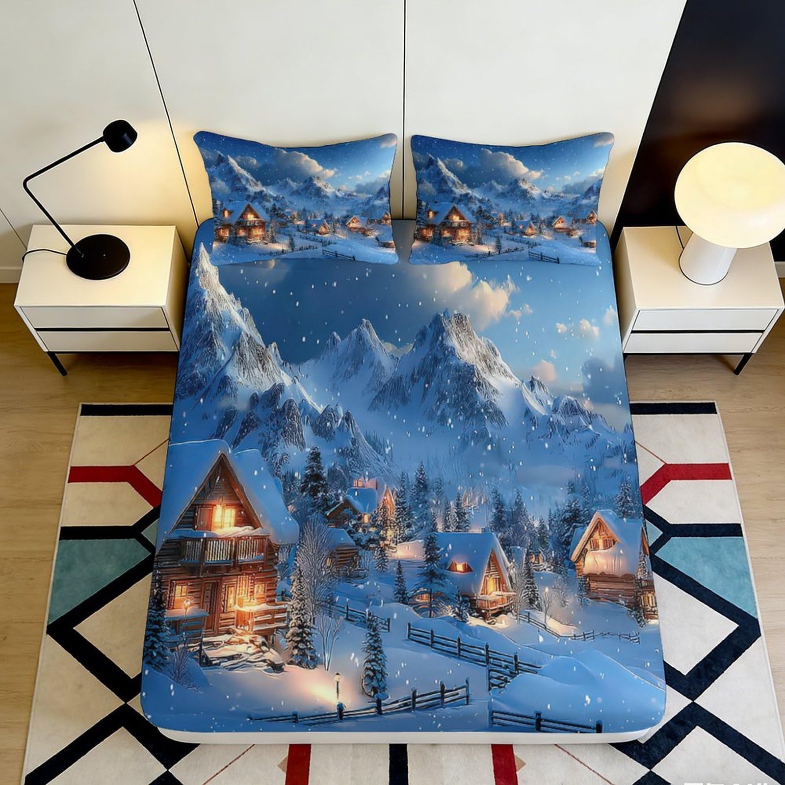 3D Printed Snow Mountain Cabin Fitted Sheet Microfiber Deep Pocket Bedroom Bedding Snow Scene Mattress Fitted Cover Washable 140x200x25cm
