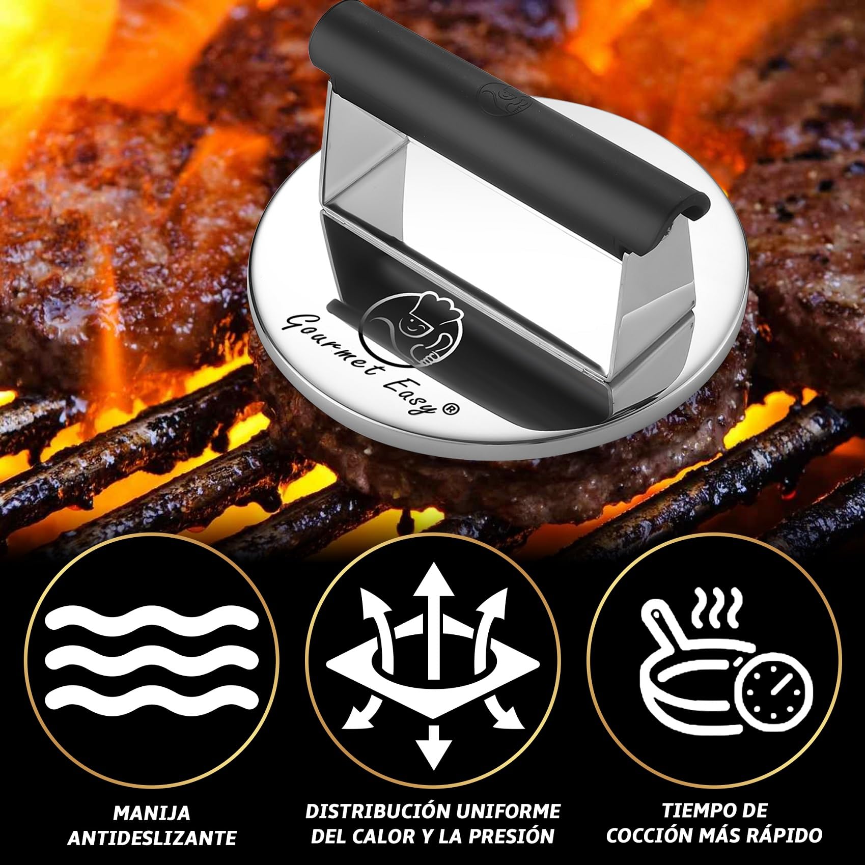 Prensa para hamburguesas de hierro fundido antiadherente | Prensa para hamburguesas para barbacoa | Prensa robusta para hamburguesas | Prensa para hamburguesas con mango resistente al calor