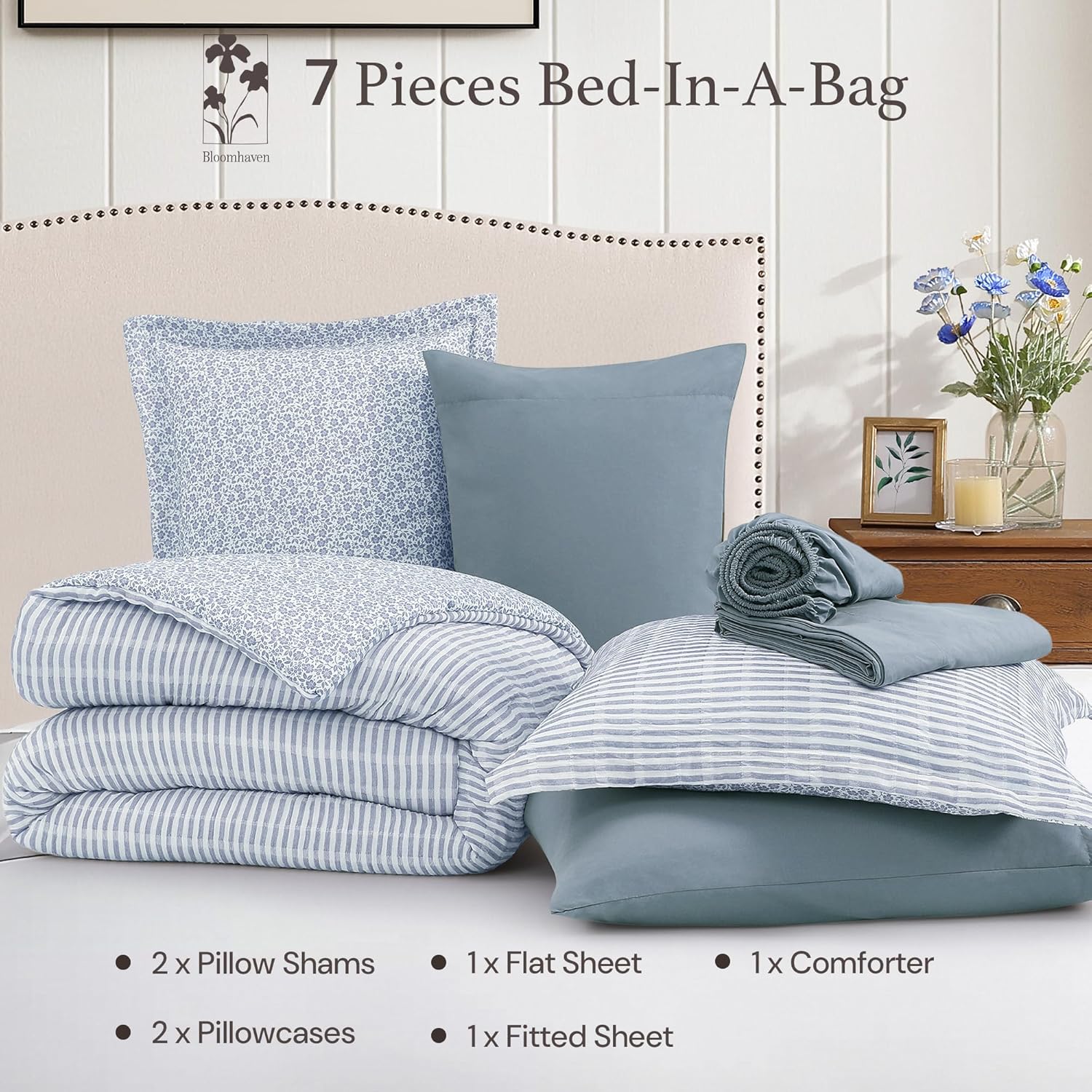 Queen Comforter Set - 7 Pieces Blue Gauze Muslin Bedding Sets for All Seasons, Lightweight Breathable Bed in a Bag Queen with Revesible Farmhouse Comforter, Sheets, Pillowcases & Shams