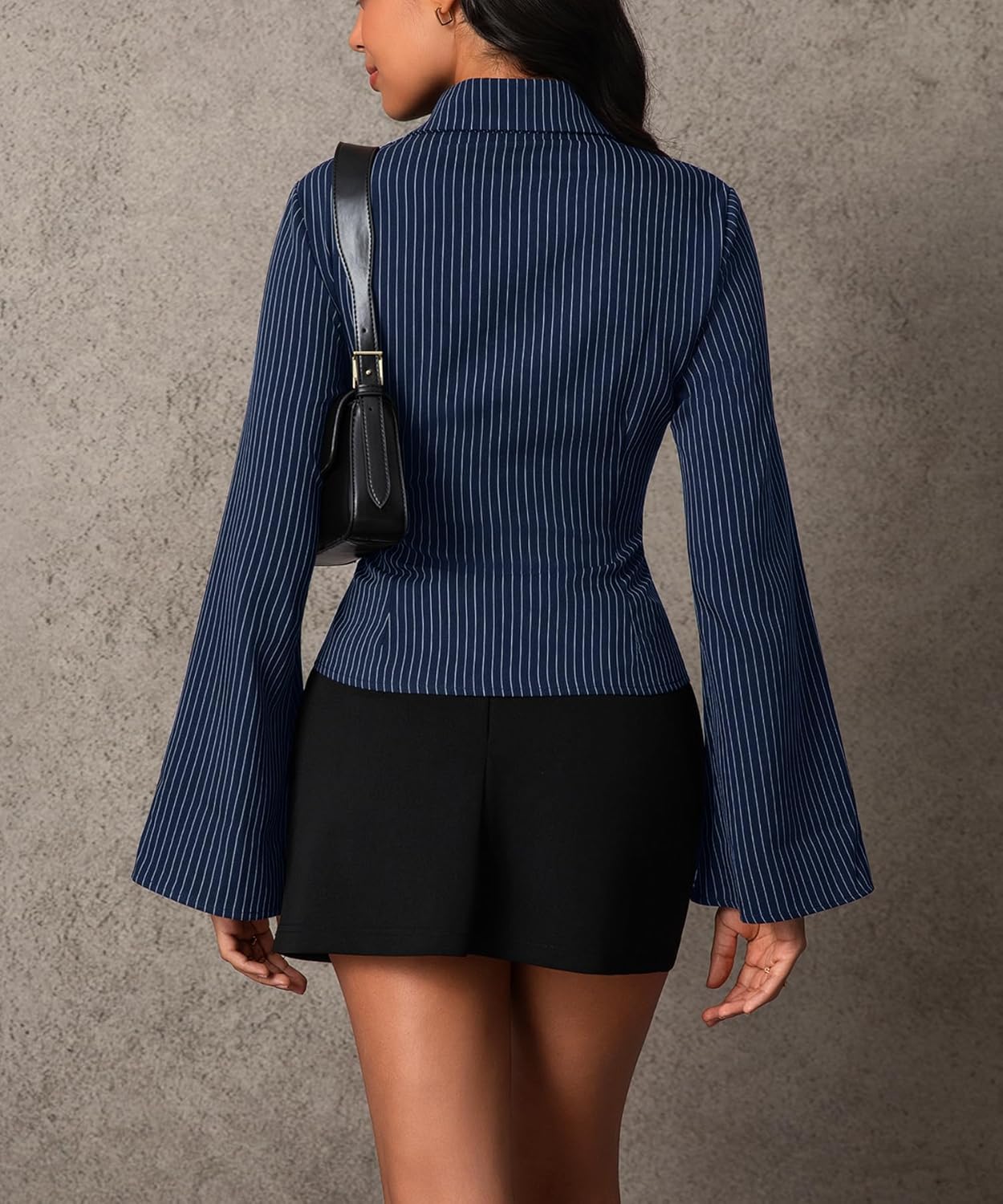 Women Striped Fitted Button Down Shirts Bell Long Sleeve Shirt Office Work Blouse Tops - Image 3