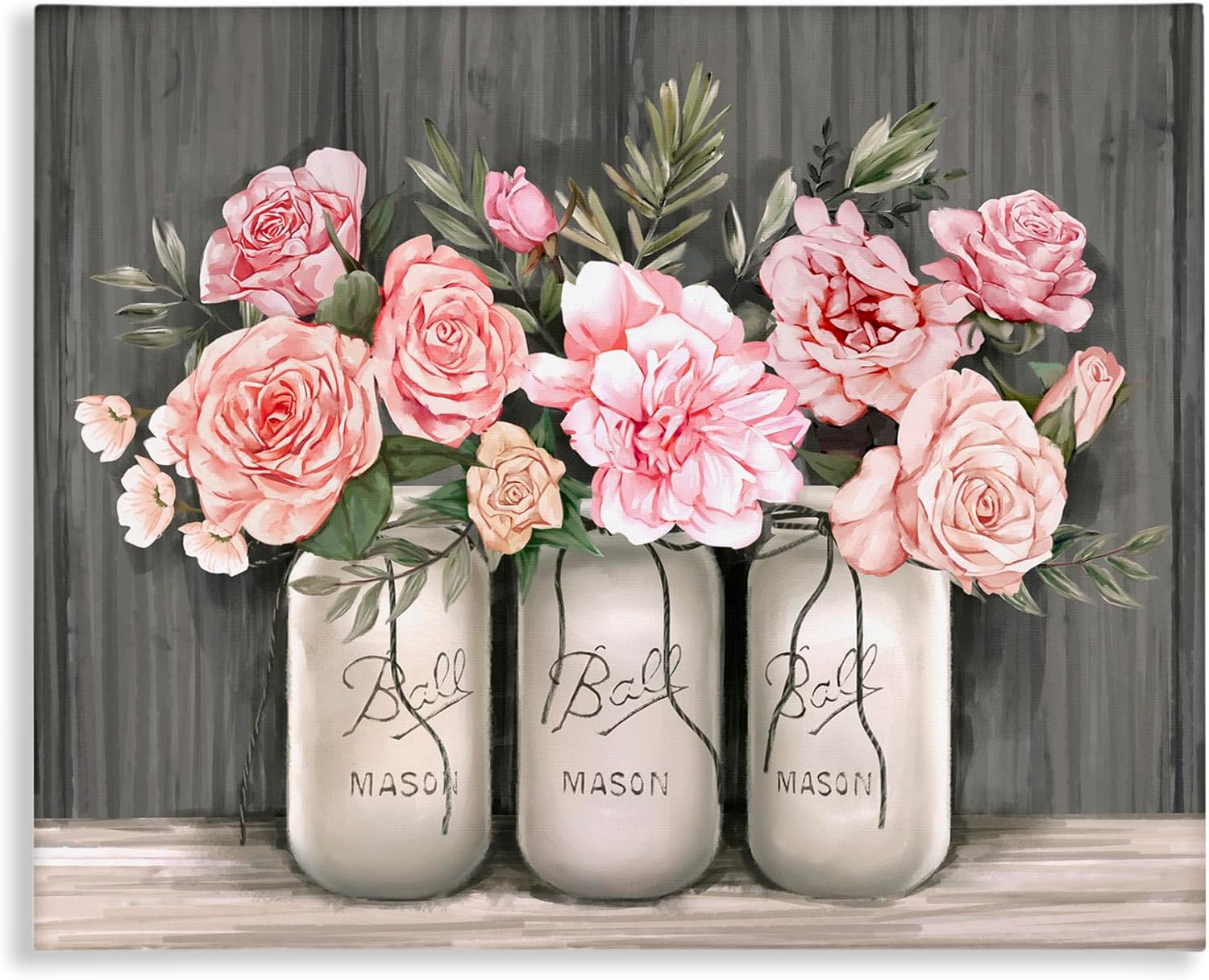Stupell Industries Blossoming Pink Rose Bouquets Rustic Country Jars, Designed by Ziwei Li Canvas Wall Art, Grey 24x30