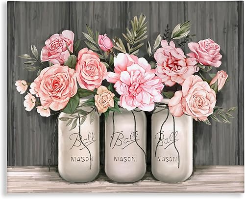 Stupell Industries Ramos de rosas rosadas en flor en frascos rústicos, diseñados por Ziwei Li, lienzo para pared, color gris, 24 x 30 pulgadas