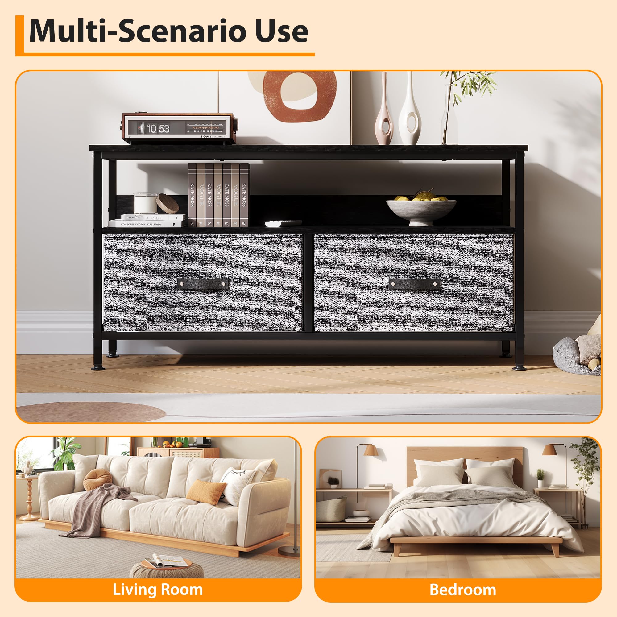 Schmales TV-Lowboard für Fernseher bis 50 Zoll，Media Konsole im Kommoden-Design mit Stauraum, Schubladen & offenen Ablagen, Entertainment Center für Wohn-/Schlafzimmer, Schwarz (Black woodblock print)