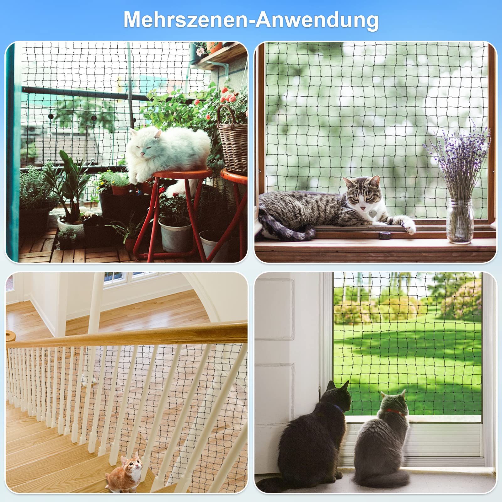 Aystkniet katzennetz für Balkon, 8 x 2 M Katzennetz Drahtverstärkt mit Befestigungsseil | Nägel | Kabelbinder, Biss-und reißfestes Balkonnetz, UV-beständig katzenschutznetz für Fenster Terrasse Tür